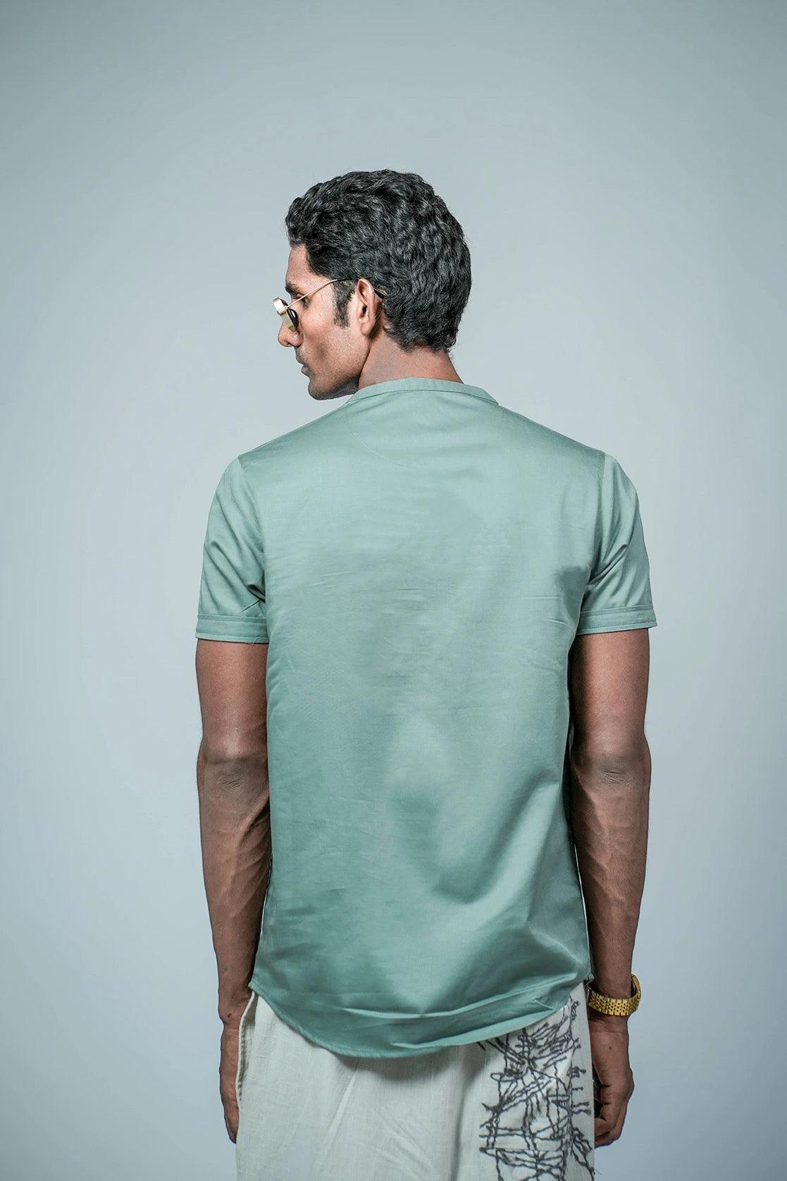 Men's Green Relaxed Fit Mandarin Collar T-Shirt Kurta With Chest Pocket