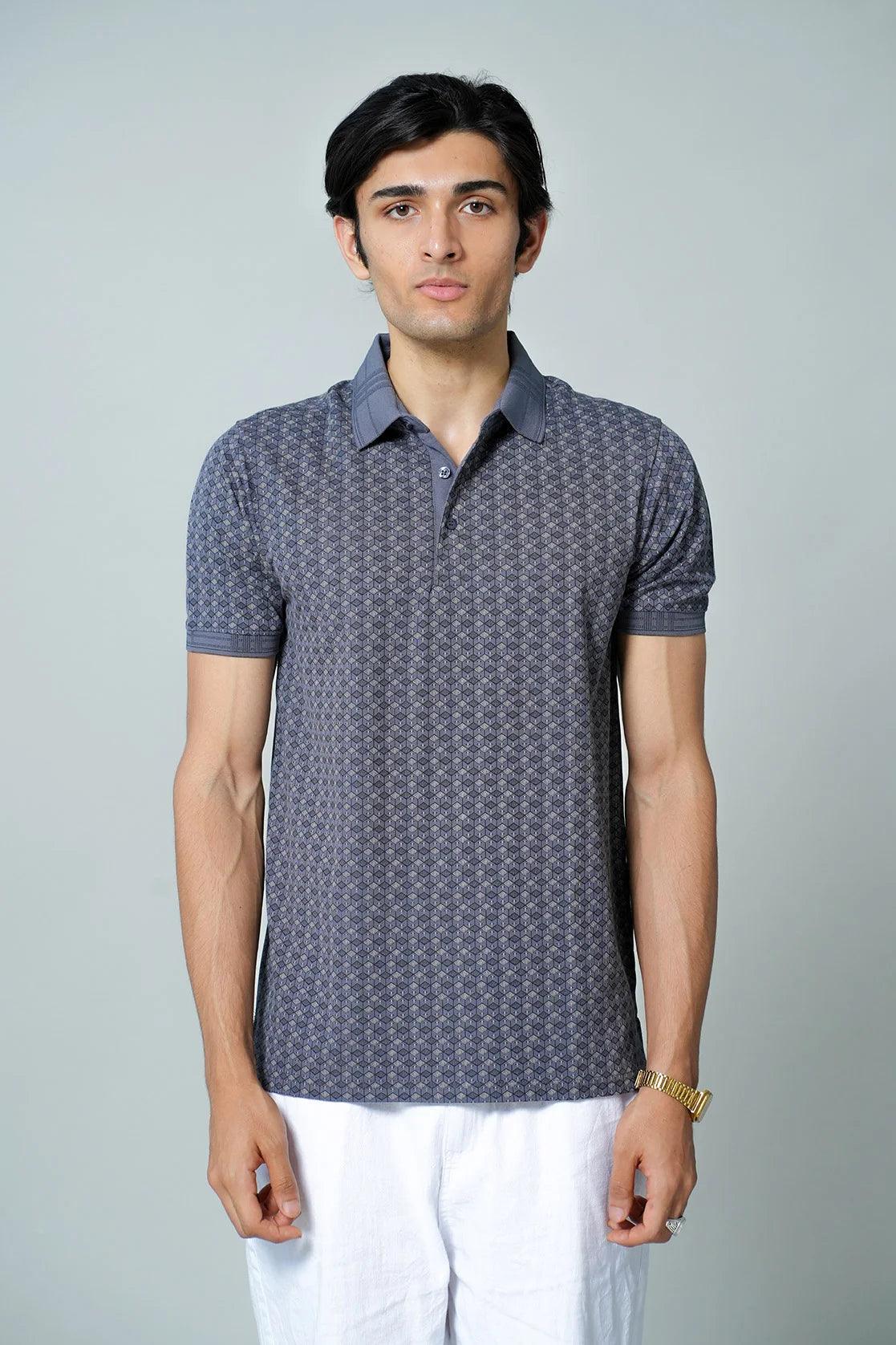 Shop for the Men's Grey All-over Geometric Print Polo Collar T-Shirt by Fort Collins at the Fort Collins Online Shop in India.