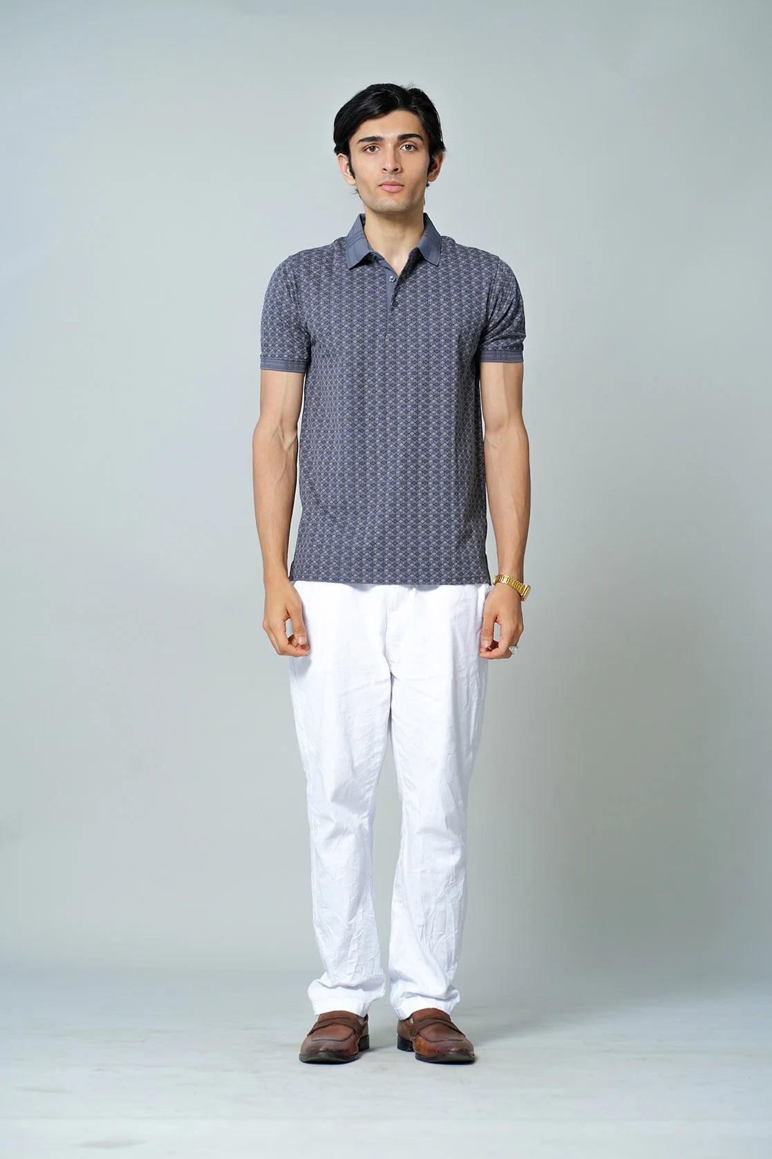 Purchase this Men's Grey All-over Geometric Print Polo Collar T-Shirt from Fort Collins Online Shop in India.