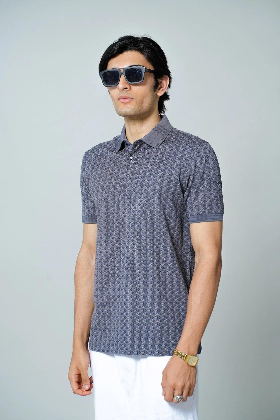 This Men's Grey All-over Geometric Print Polo Collar T-Shirt is available for purchase from Fort Collins' online shop in India.