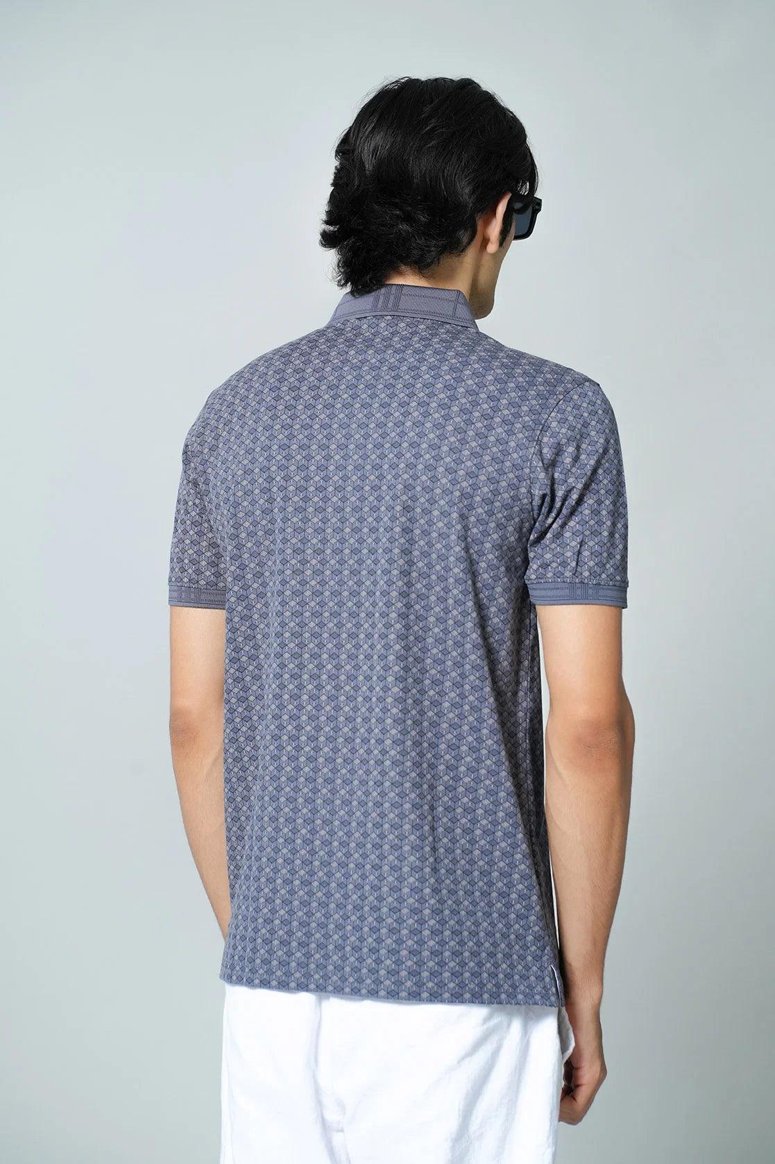 Obtain the Fort Collins Men's Grey All-over Geometric Print Polo Collar T-Shirt from the official Fort Collins Online Shop in India.