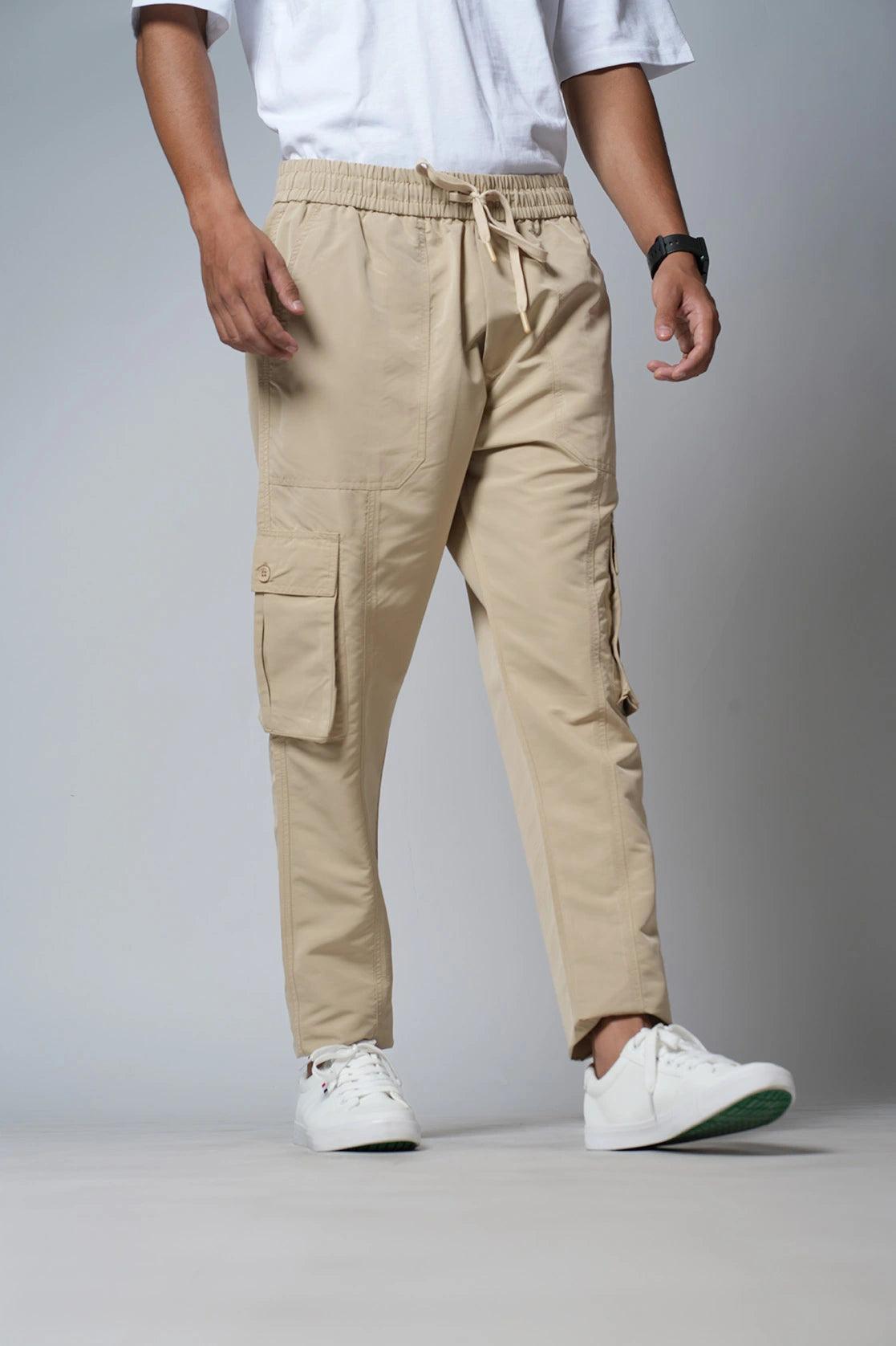 Men s Khaki Regular Fit Cotton Cargo Track Pant with Flap Pockets