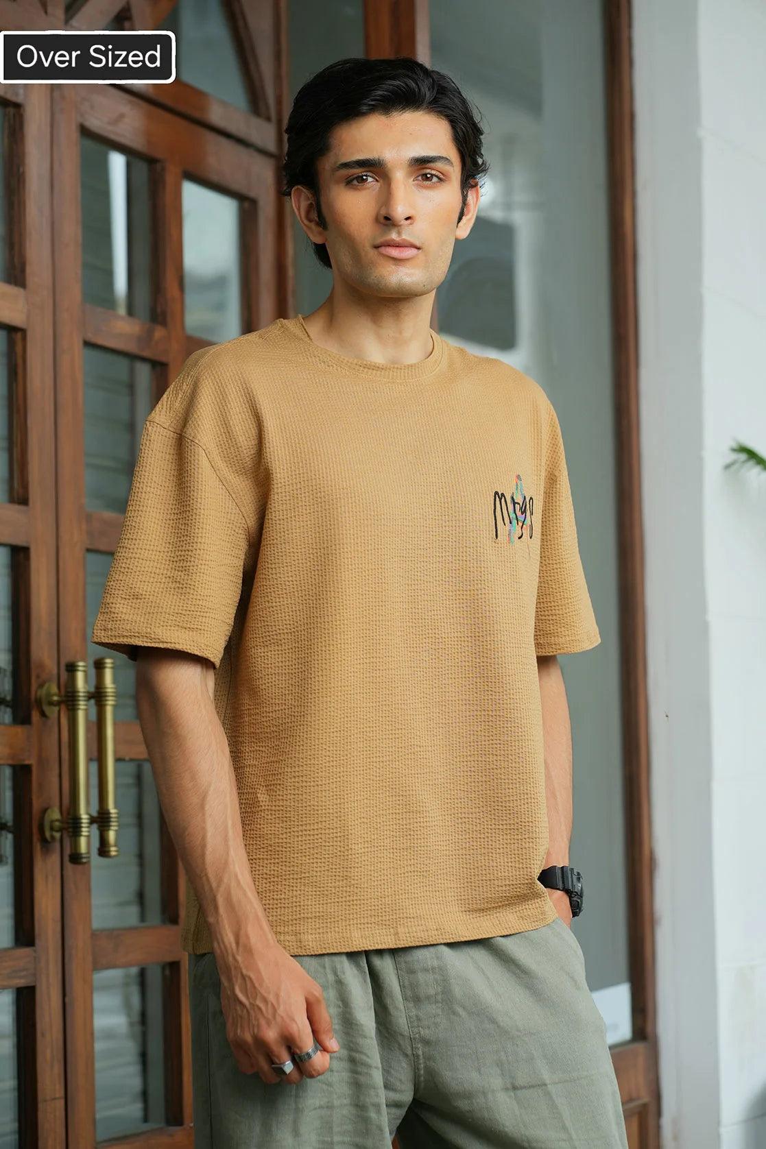 Men's Khaki Structured Cotton-Lycra Oversized T-Shirt