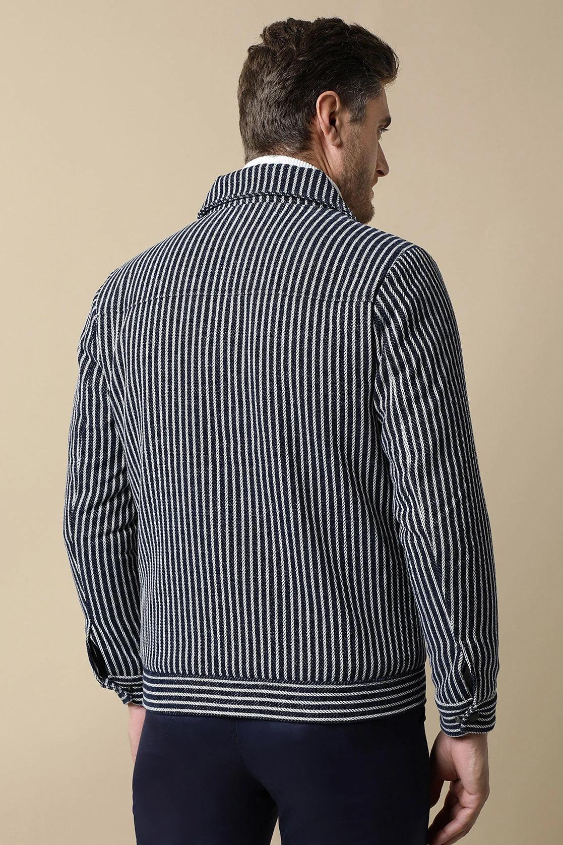 Shop now for a stylish wardrobe with this Men's Navy Striped Tweed Jacket from Fort Collins, featuring dual pockets. Available for purchase online from anywhere in India.