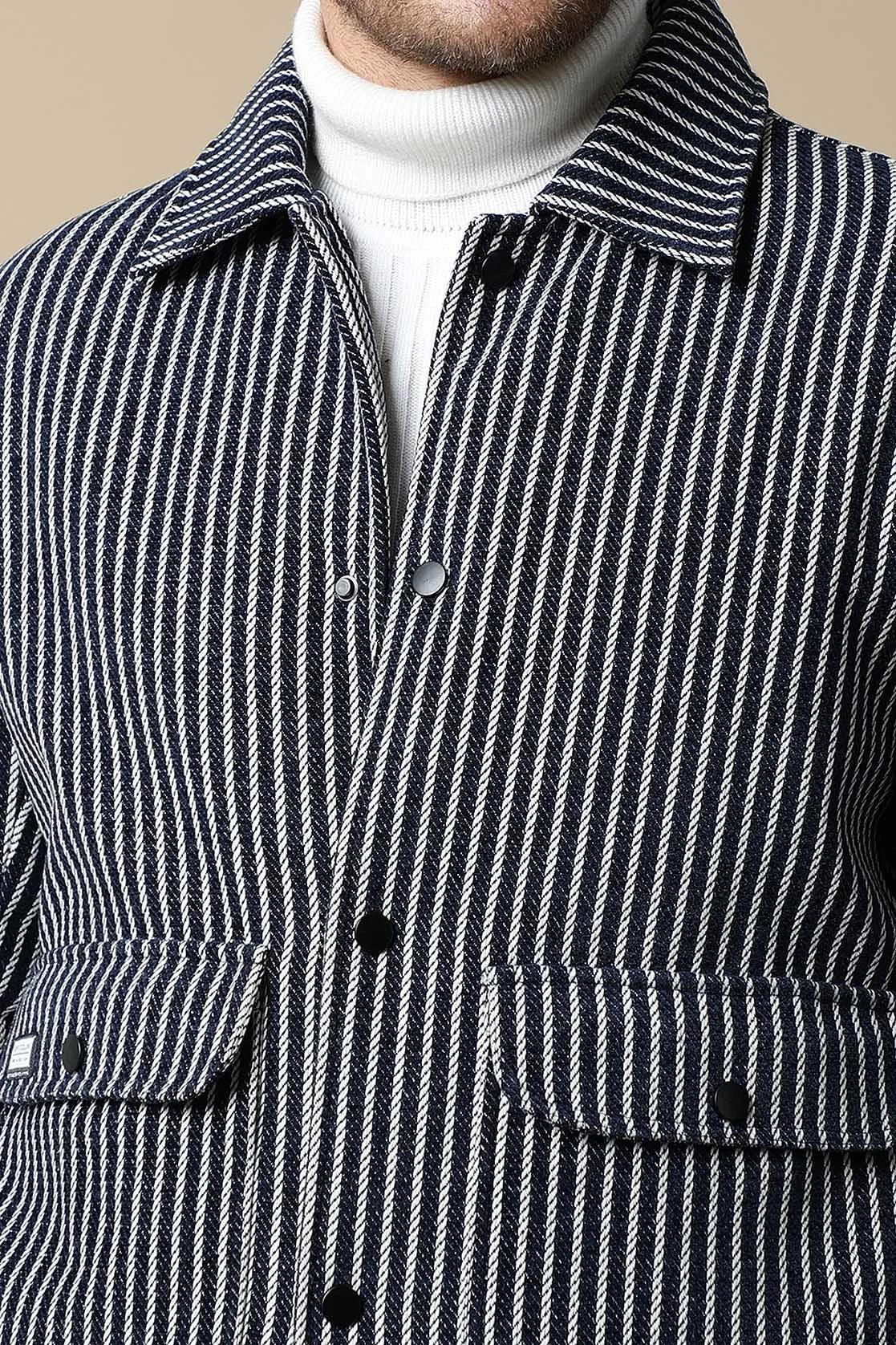 Shop now online for a stylish wardrobe from anywhere in India with Men's Navy Striped Tweed Jacket by Fort Collins, featuring dual pockets for added convenience.