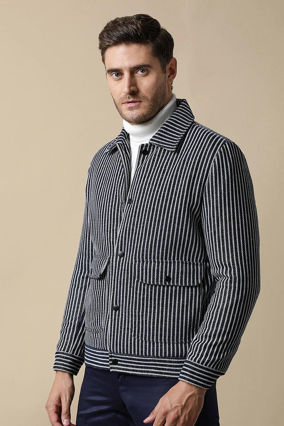 Shop for a stylish navy striped tweed jacket with dual pockets for men by Fort Collins. Order online and upgrade your wardrobe with this trendy piece, available from anywhere in India.