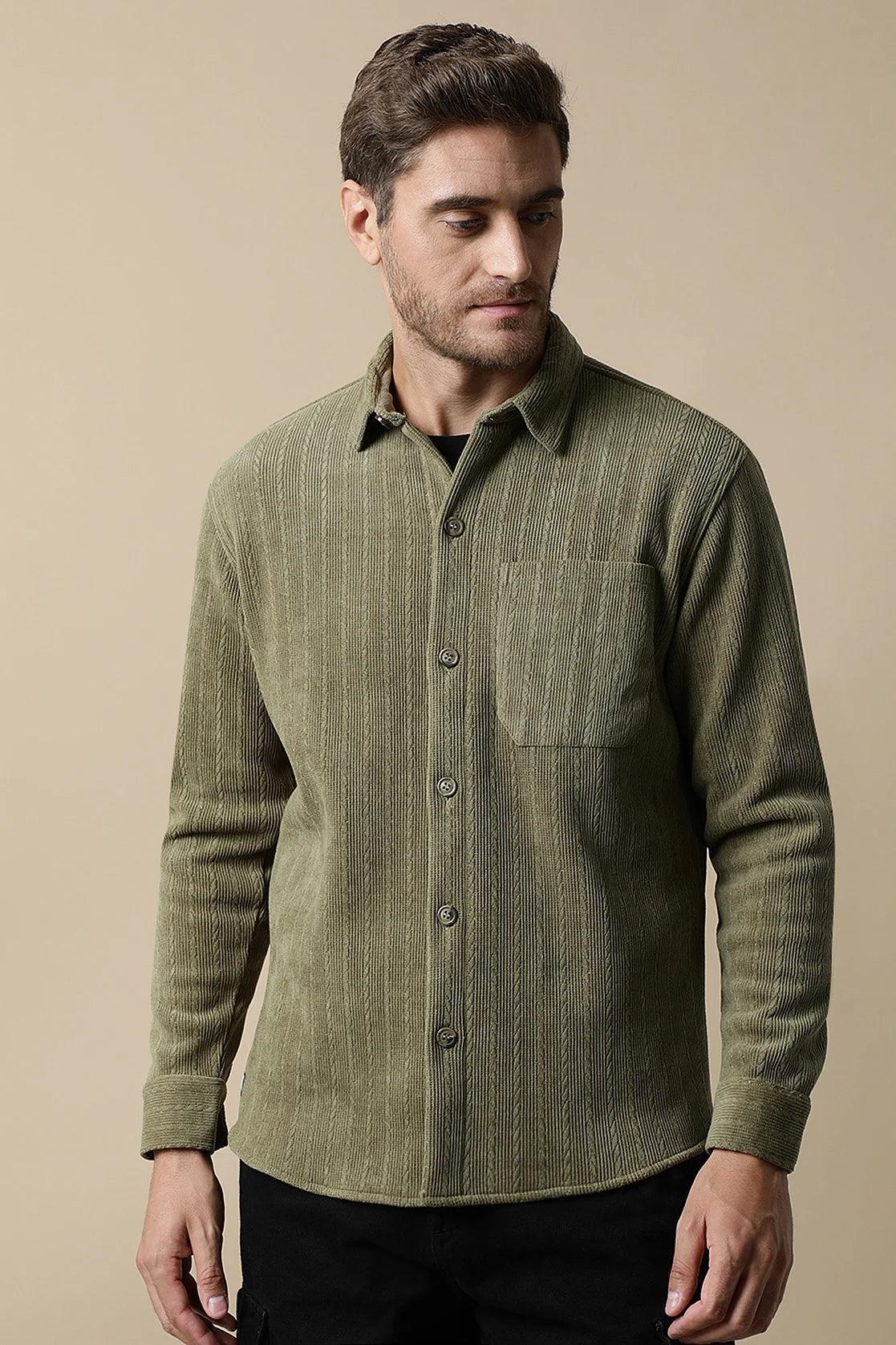 Upgrade your wardrobe with Fort Collins' Men's Olive Green Knitted Button Down Shacket, available for purchase online from anywhere in India. Stay on trend with this stylish and functional piece.