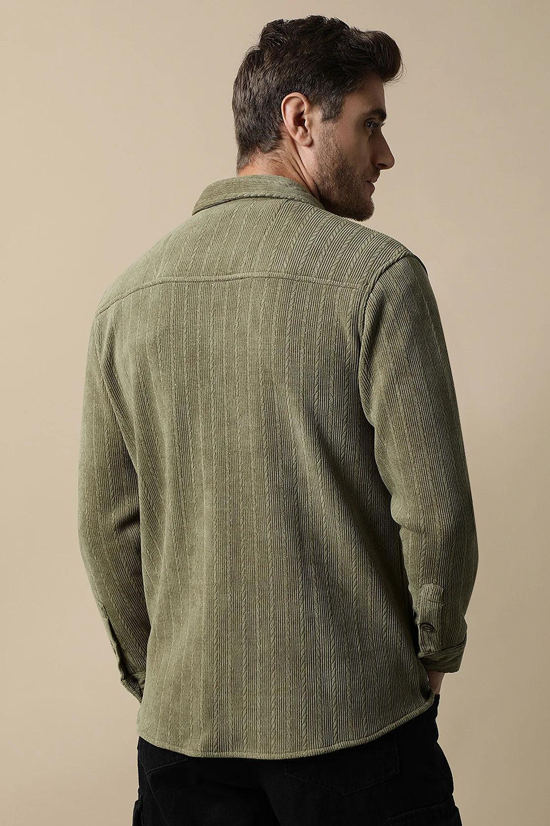 Upgrade your wardrobe with the Men's Olive Green Knitted Button Down Shacket by Fort Collins, available for online purchase across India. Enhance your style with this trendy and versatile fashion piece.