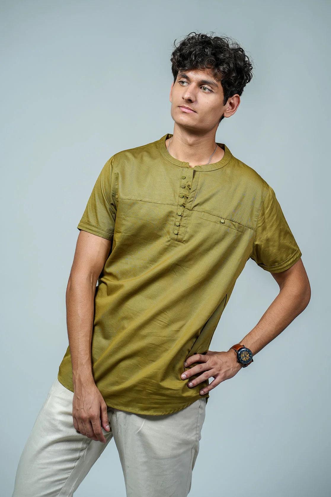 Men's Olive Relaxed Fit Mandarin Collar T-Shirt Kurta With Chest Pocket