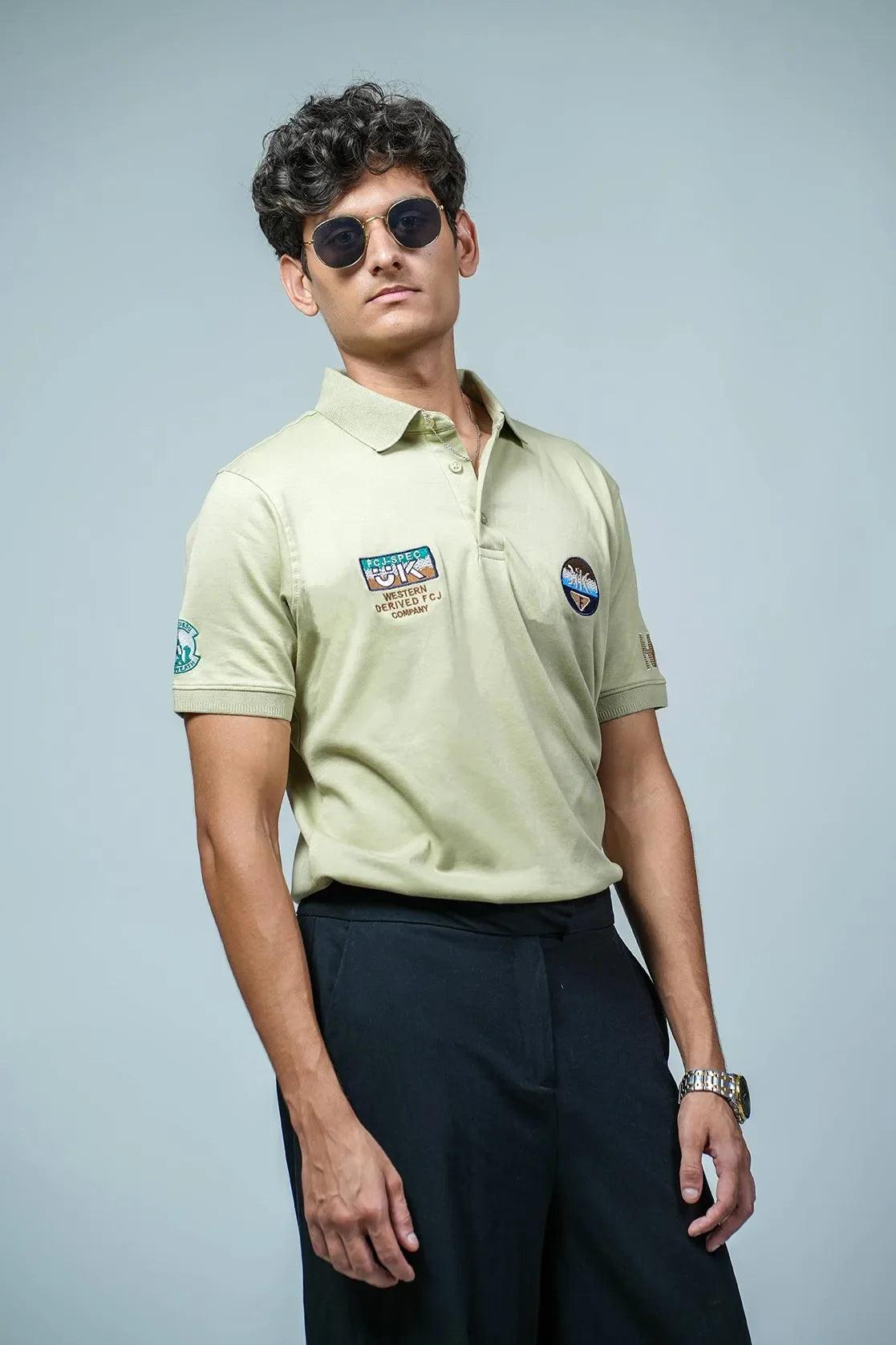 Fort Collins men's Light Green Front Button Polo Collar T-Shirt with Embroidery Patches