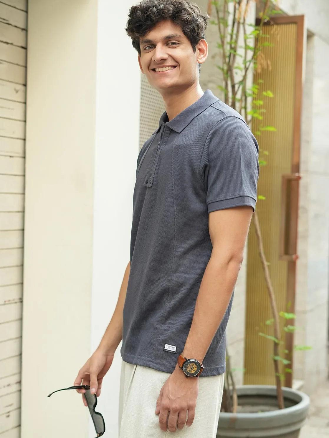 Expertly crafted for men, this dark grey polo collar t-shirt from Fort Collins is both stylish and functional, featuring a convenient zippered placket for added convenience