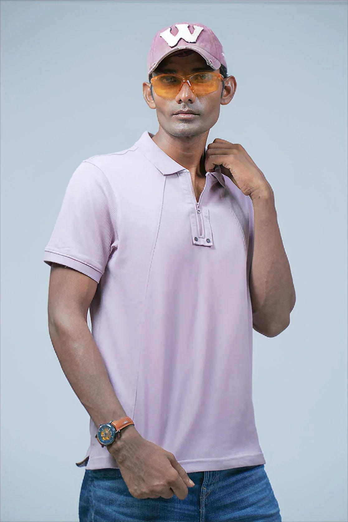 Fort Collins Men's Lavender Solid Polo Collar T-Shirt with Zippered Placket Online Sale in India