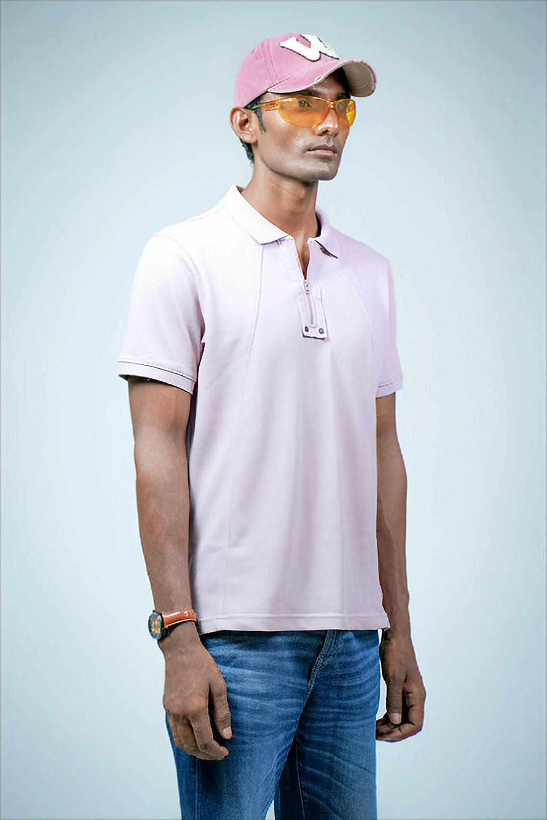 Men's Lavender Solid Polo Collar T-Shirt by Fort Collins, featuring a convenient zippered placket, online sale in India
