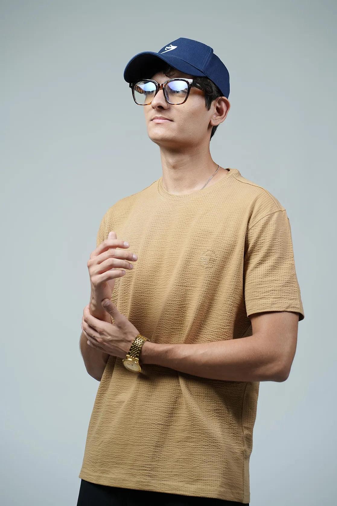 Men's Structured Fabric Solid Khaki Round Neck T-Shirt with Chest Logo