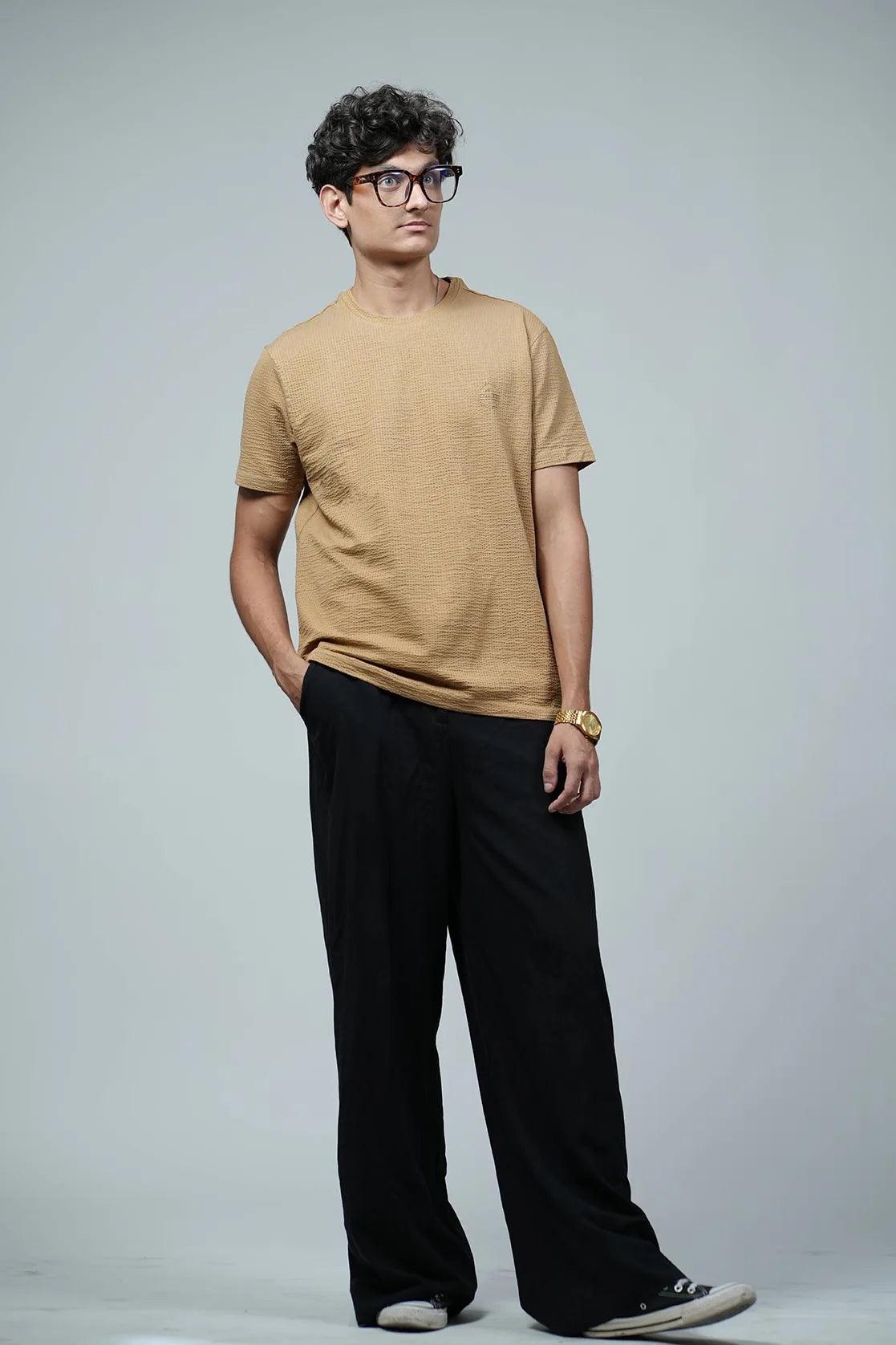 Men's Structured Fabric Solid Khaki Round Neck T-Shirt with Chest Logo