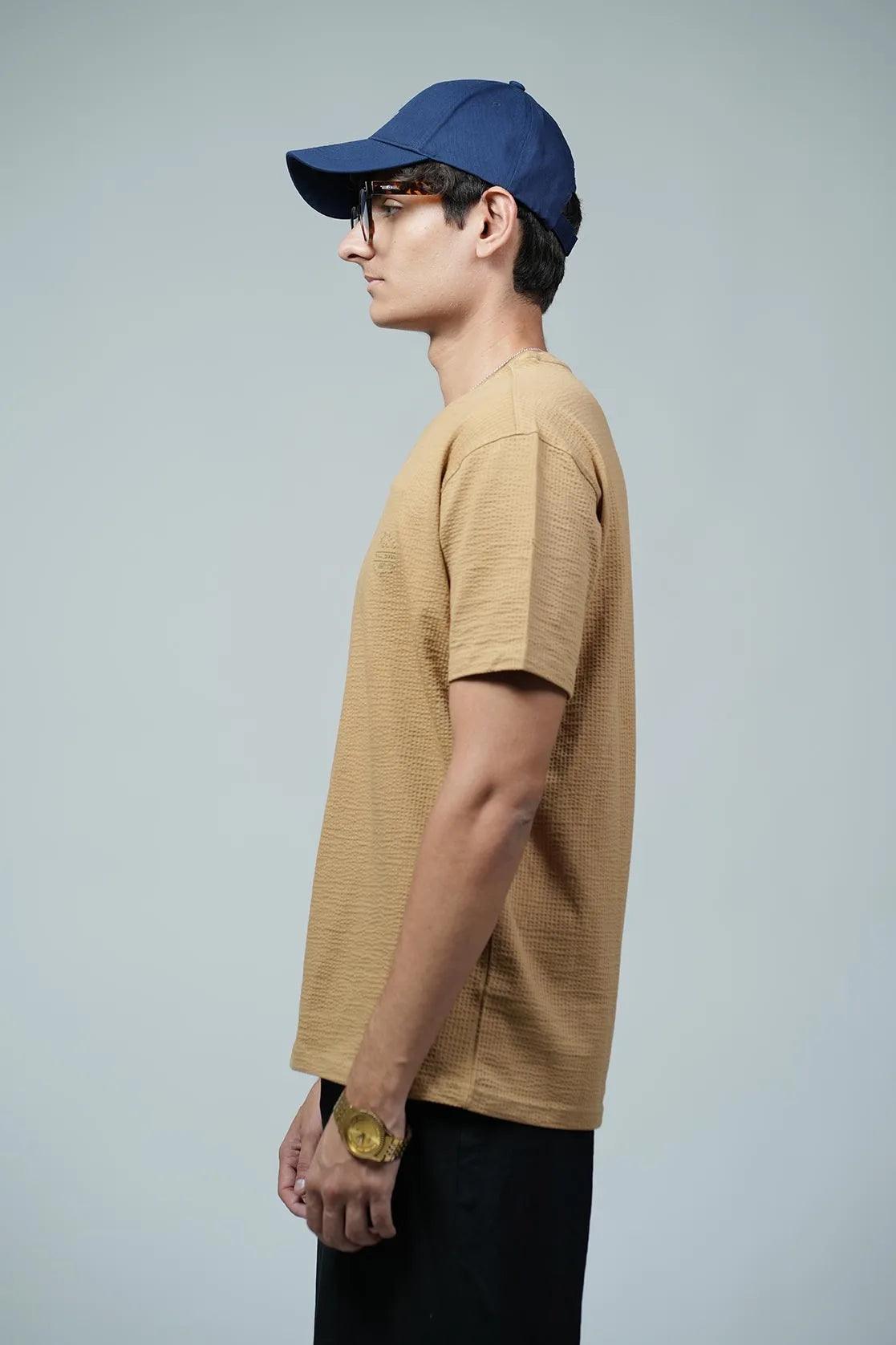 Men's Structured Fabric Solid Khaki Round Neck T-Shirt with Chest Logo