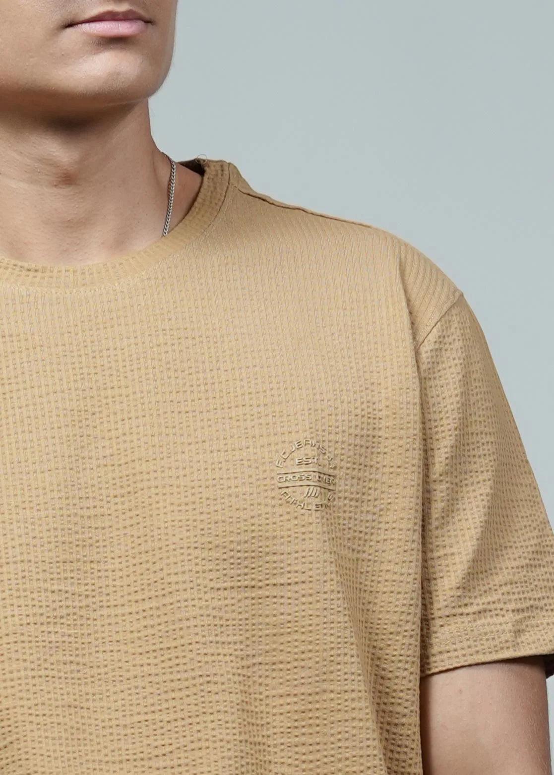 Men's Structured Fabric Solid Khaki Round Neck T-Shirt with Chest Logo