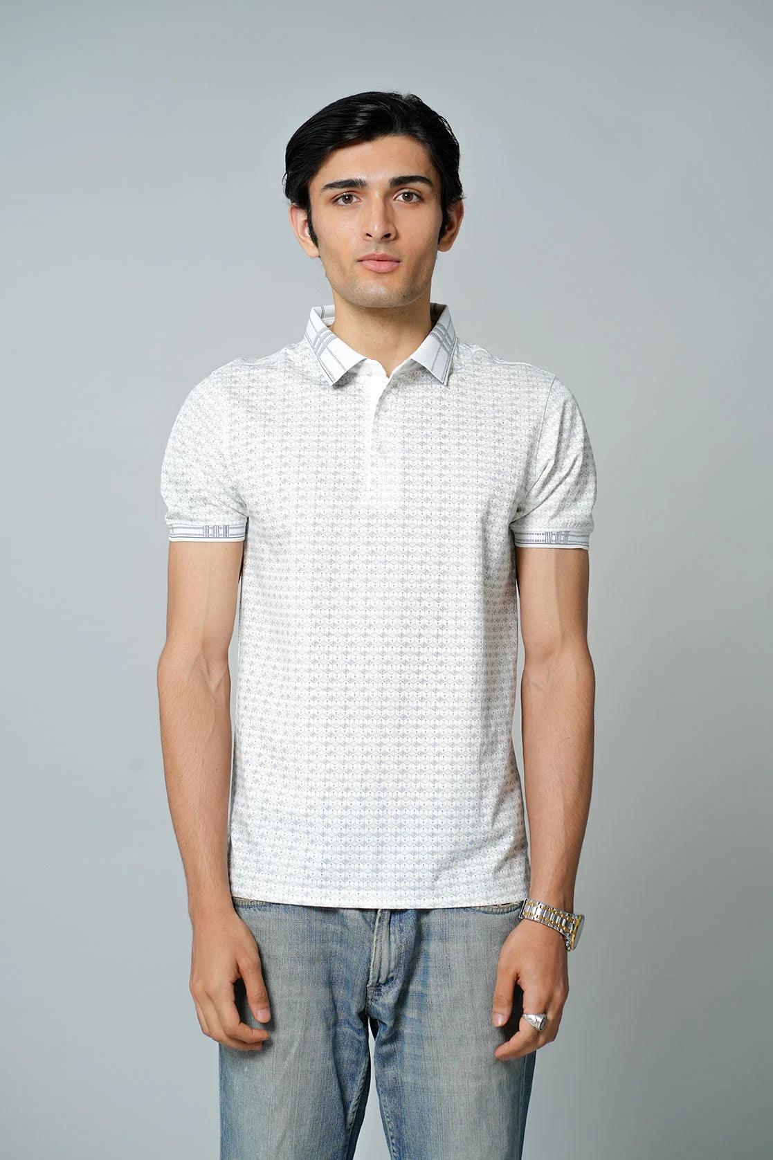 Discover the Men's White All-over Geometric Print Polo Collar T-Shirt by Fort Collins. Available for purchase online in India.