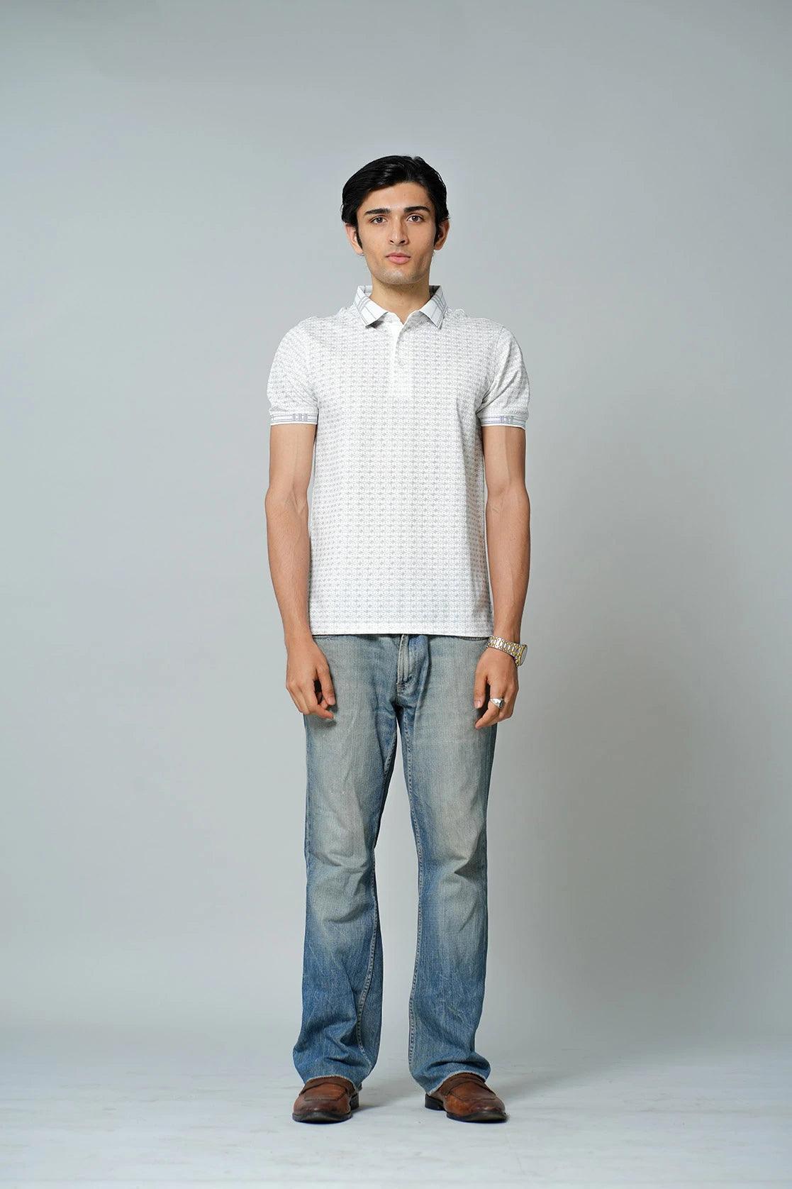 This Men's White All-over Geometric Print Polo Collar T-Shirt by Fort Collins is now available for purchase online in India.