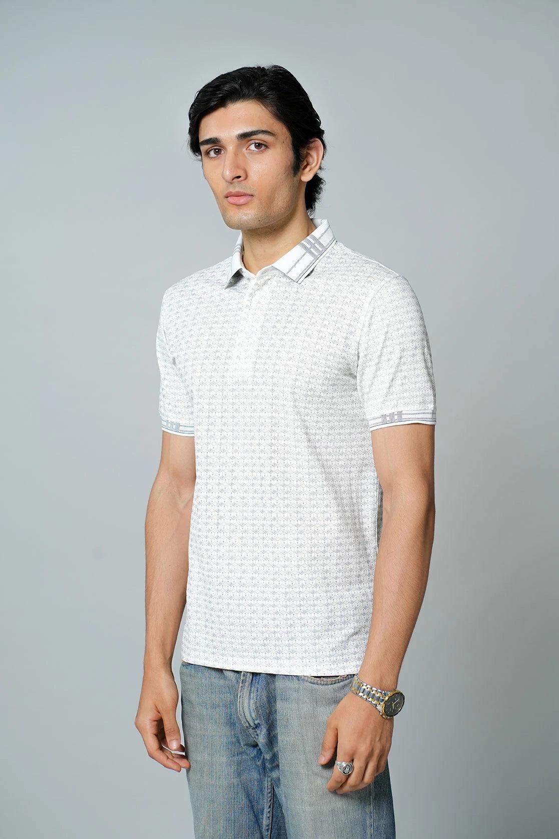 This expertly crafted Men's White All-over Geometric Print Polo Collar T-Shirt by Fort Collins is now available for purchase in India through online shop. Stay in style with this versatile and fashionable t-shirt.
