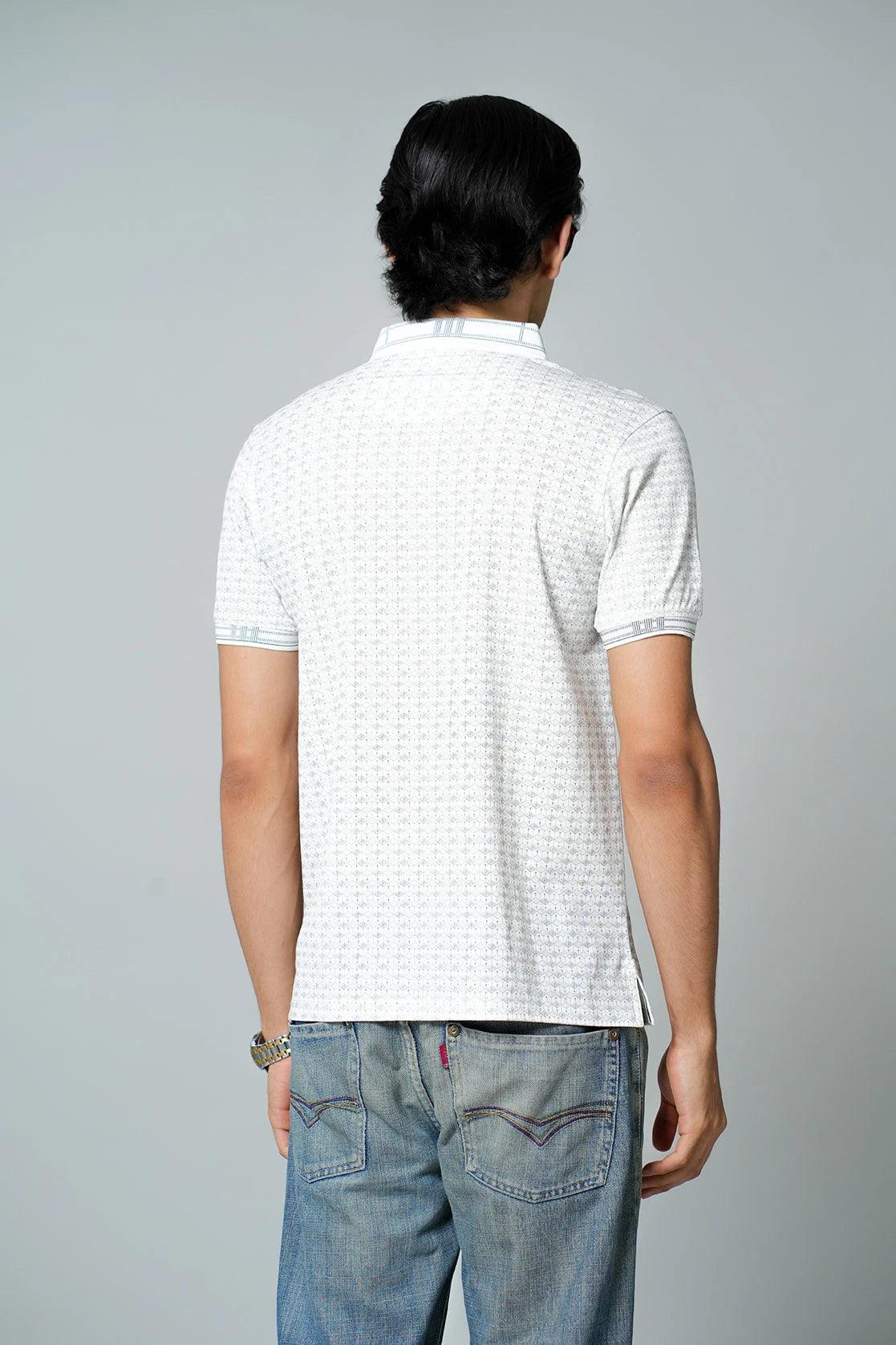For those seeking a stylish and trendy option, look no further than the Fort Collins Men's White All-over Geometric Print Polo Collar T-Shirt. This fashionable t-shirt can be purchased online in India.