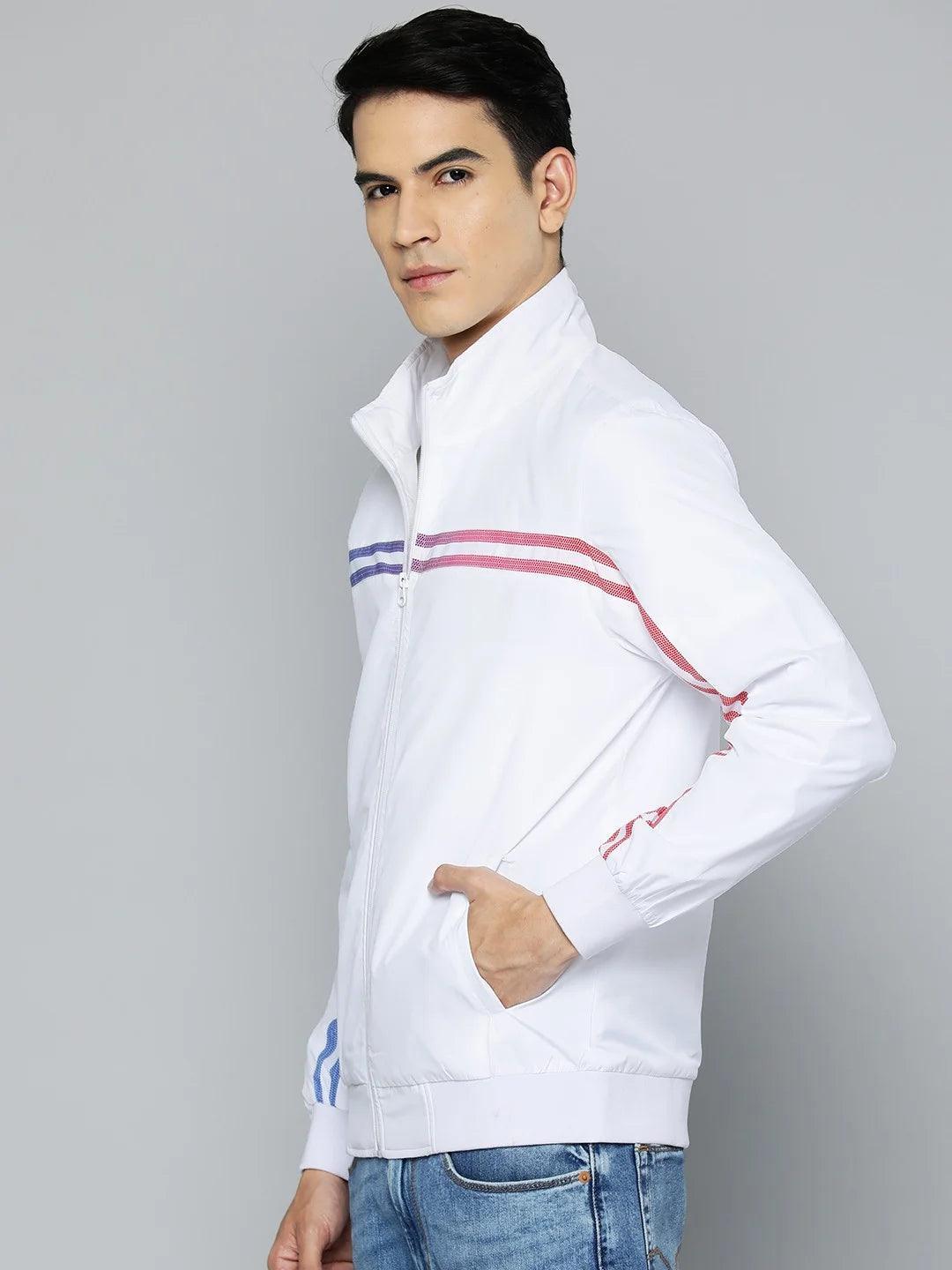 Upgrade your wardrobe with this Men's White Lightweight Track Jacket featuring Dual-Colored Side Stripes, available for online purchase from anywhere in India.