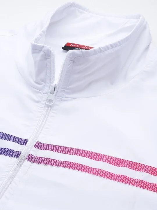 Upgrade your wardrobe with the Men's White Lightweight Track Jacket featuring Dual-Colored Side Stripes. This trendy jacket is available for online purchase from anywhere in India.
