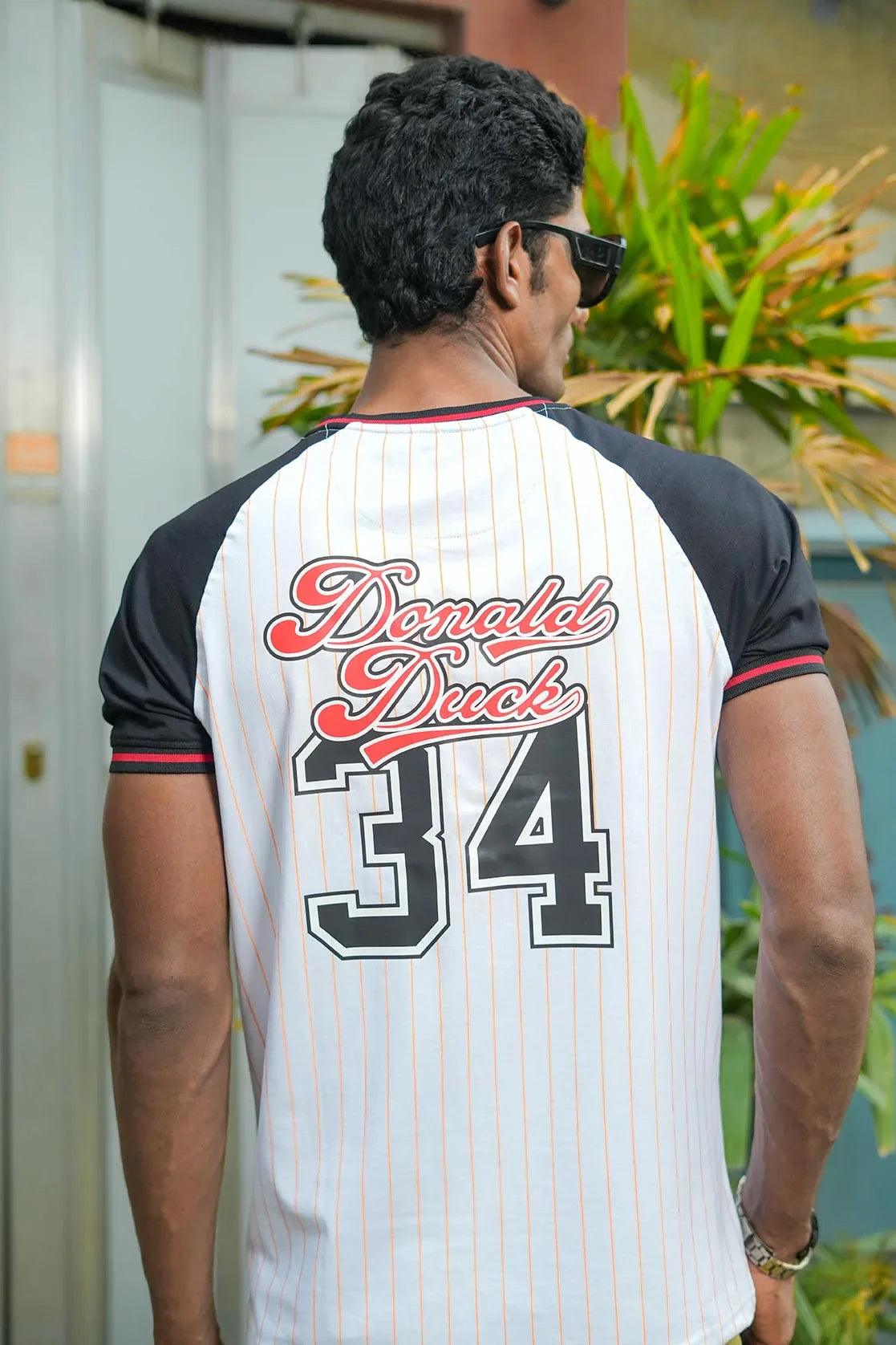 Fort collins men stylish white pinstriped round neck short sleeve donald duck printed sports t-shirt
