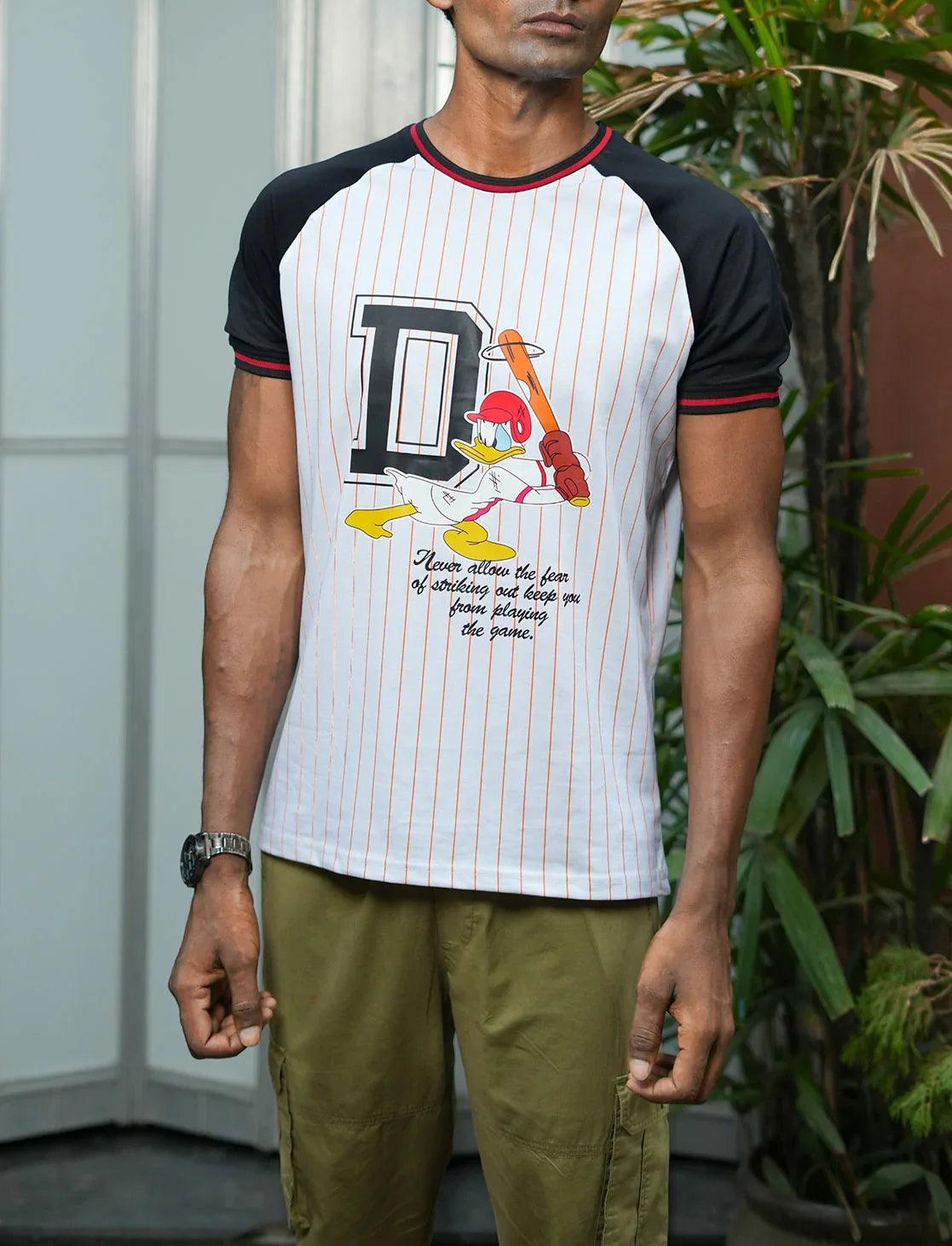 Fort collins men vintage white pinstriped round neck short sleeve donald duck graphic printed sports t-shirt
