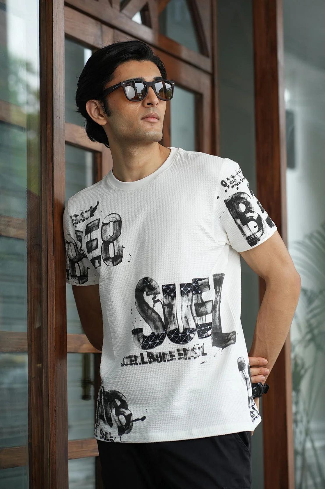 Experience a stylish wardrobe upgrade with the Fort Collins Men's White Structured Cotton-Lycra Graphic T-Shirt, available for online purchase from anywhere in India.