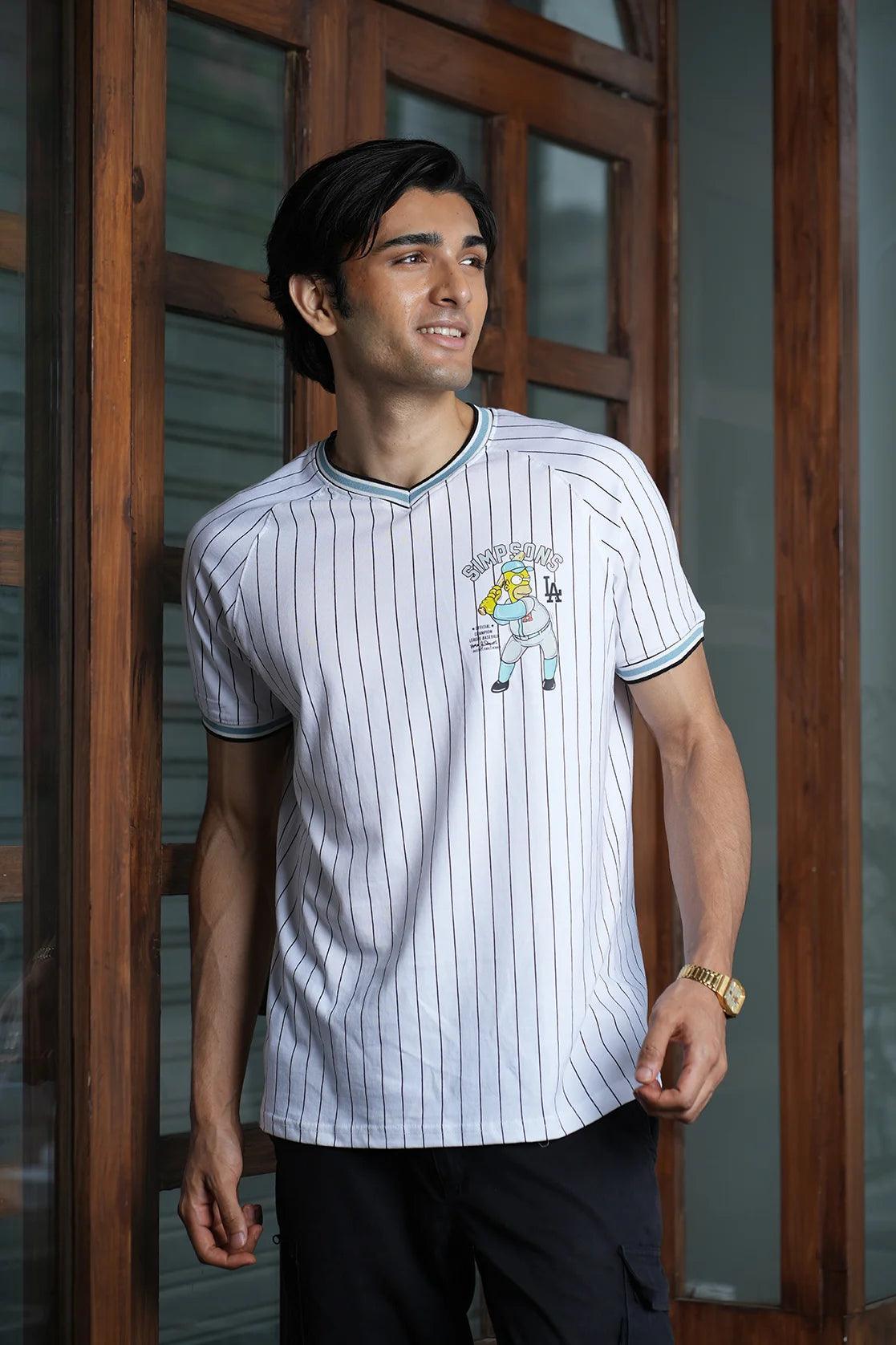Elevate your wardrobe with the Fort Collins Men's White with Black Pinstriped Cotton-Lycra T-shirt. This trendy piece is available for online purchase from anywhere in India, making it a must-have for fashion-conscious individuals.