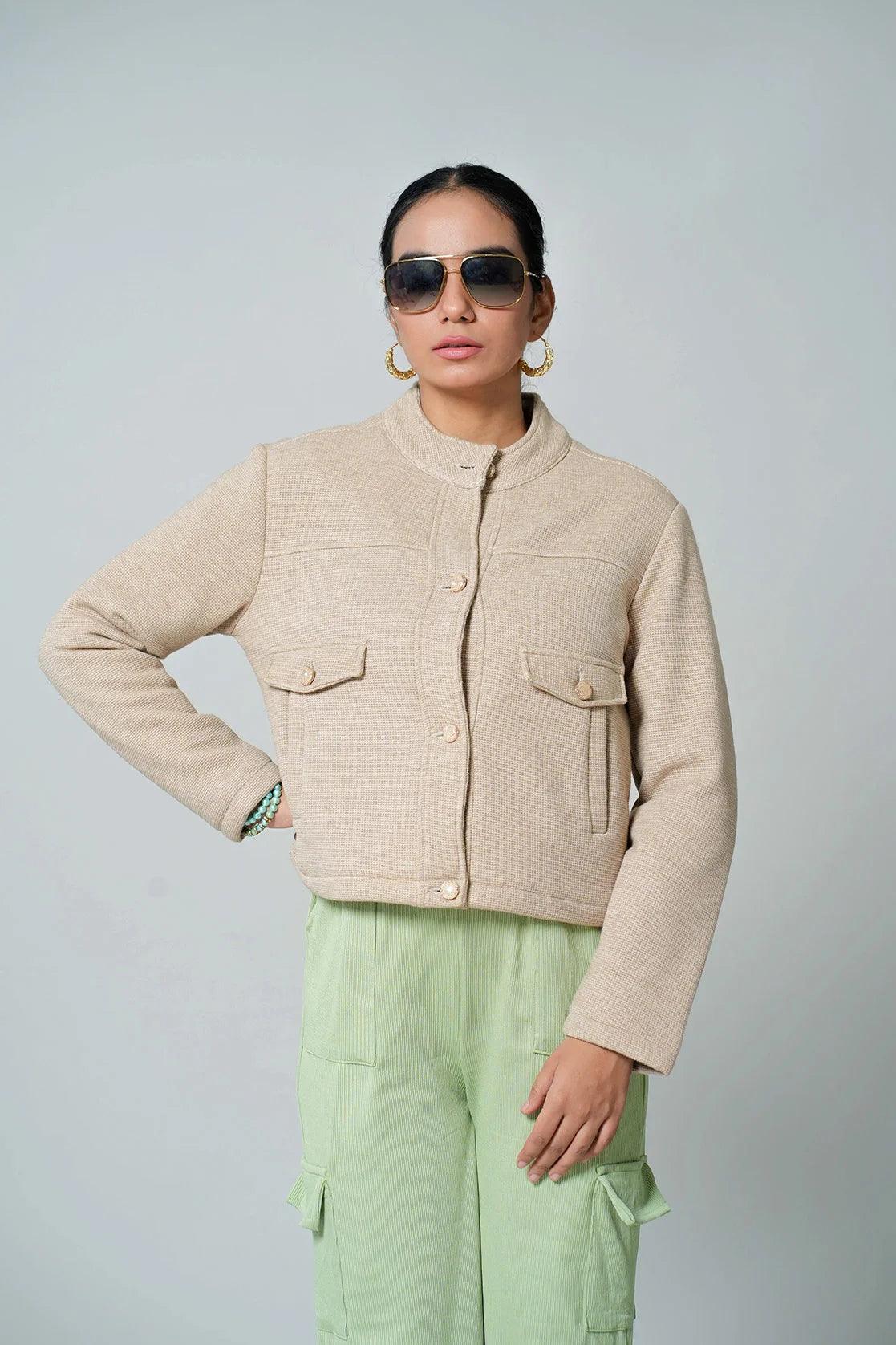 Women s Beige Short Length Knitted Jacket with Button Closure