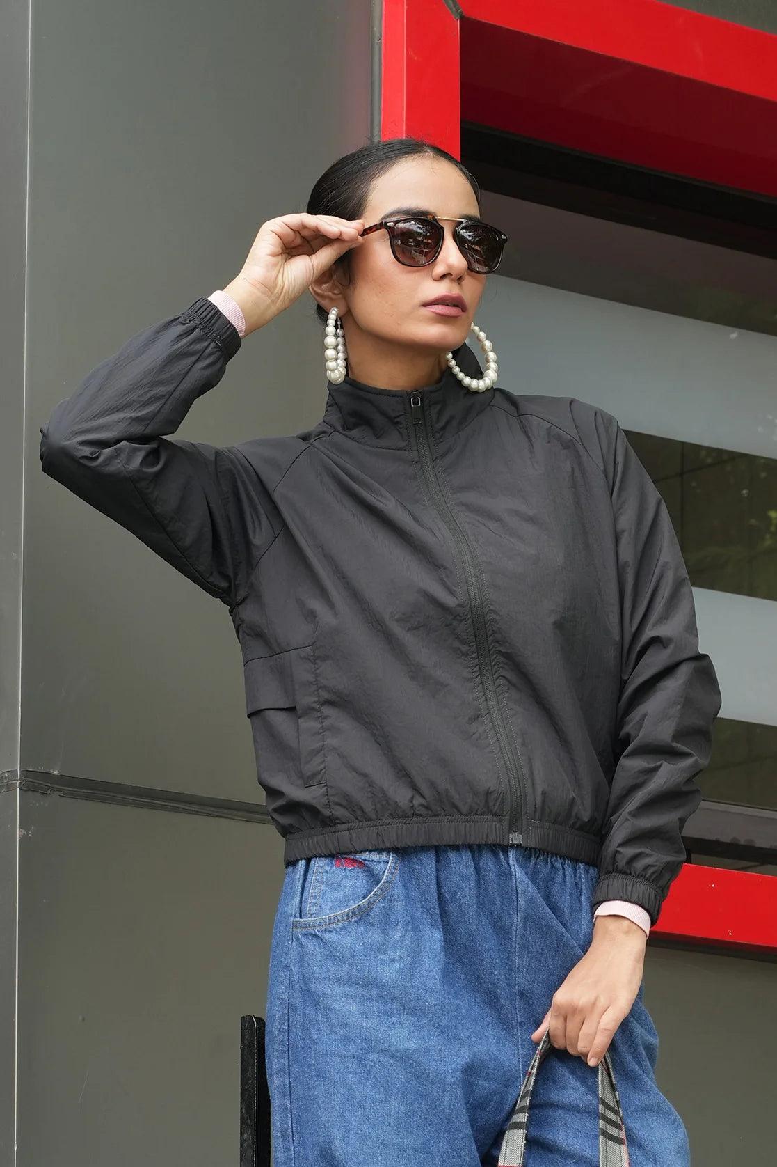 Women s Black Lightweight Crop Length Jacket with Stand Collar