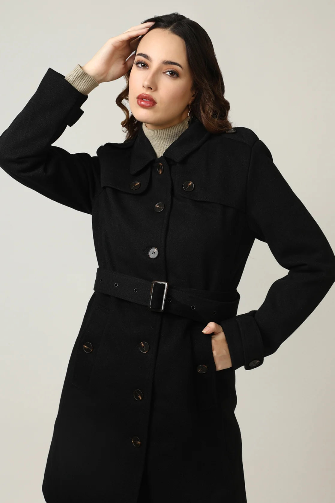 Empower your wardrobe with a timeless and chic Women's Black Tweed Fabric Trench Coat brought to you by Fort Collins. Purchase conveniently from anywhere in India through our online store.