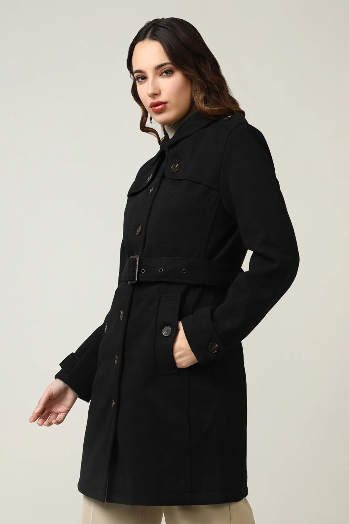 Order now online for the Women's Black Tweed Fabric Trench Coat by Fort Collins, available in India.