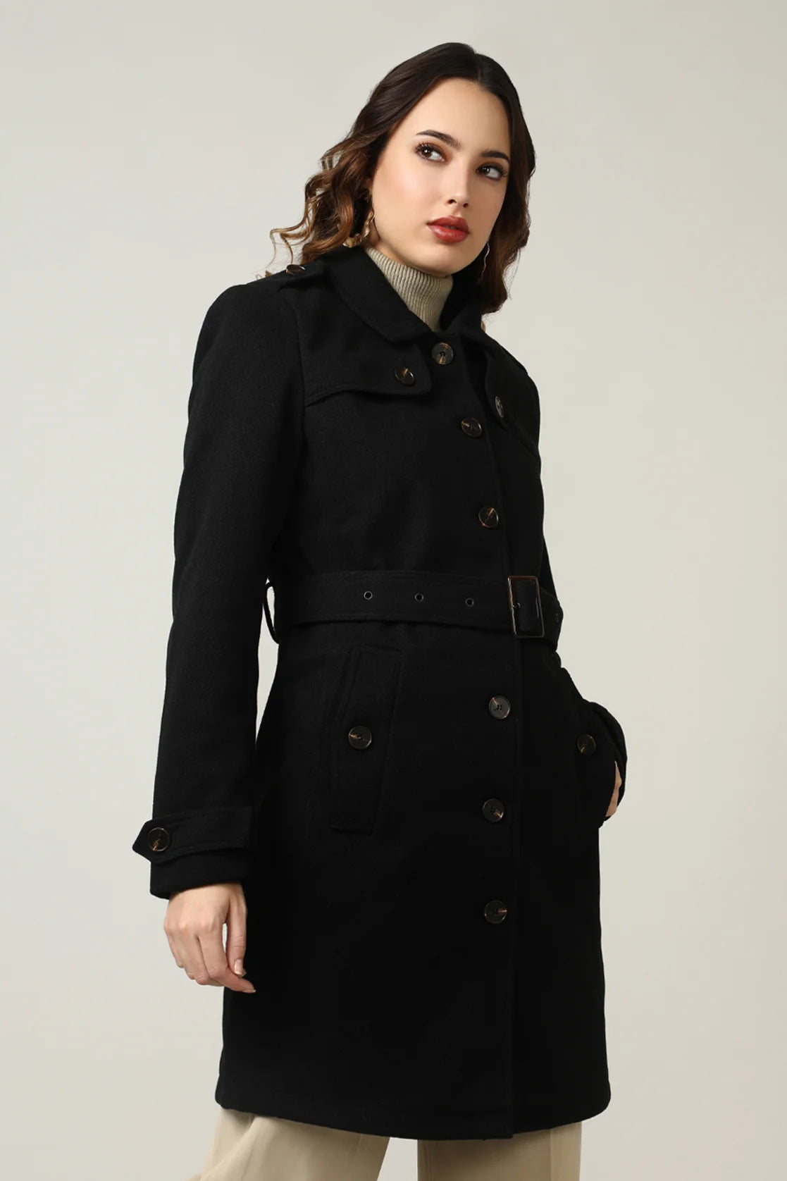 Discover the Women's Black Tweed Fabric Trench Coat by Fort Collins, available for purchase online from anywhere in India.