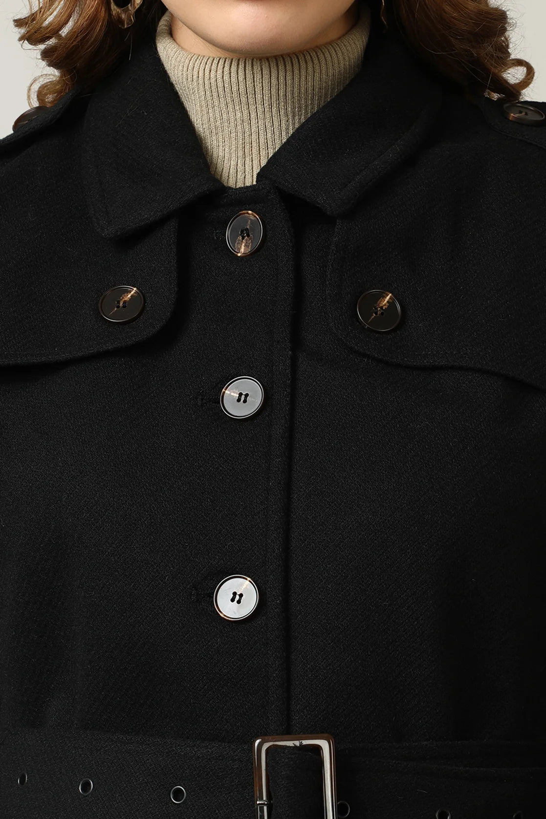 Shop now online for the Women's Black Tweed Fabric Trench Coat by Fort Collins, available for purchase from anywhere in India.