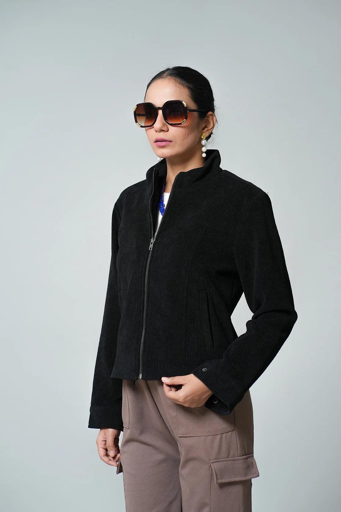 Upgrade your wardrobe with the Fort Collins Women's Black Corduroy Jacket, now available online for purchase from anywhere in India. This stylish jacket features a stand collar, making it a must-have for any fashion-forward individual.
