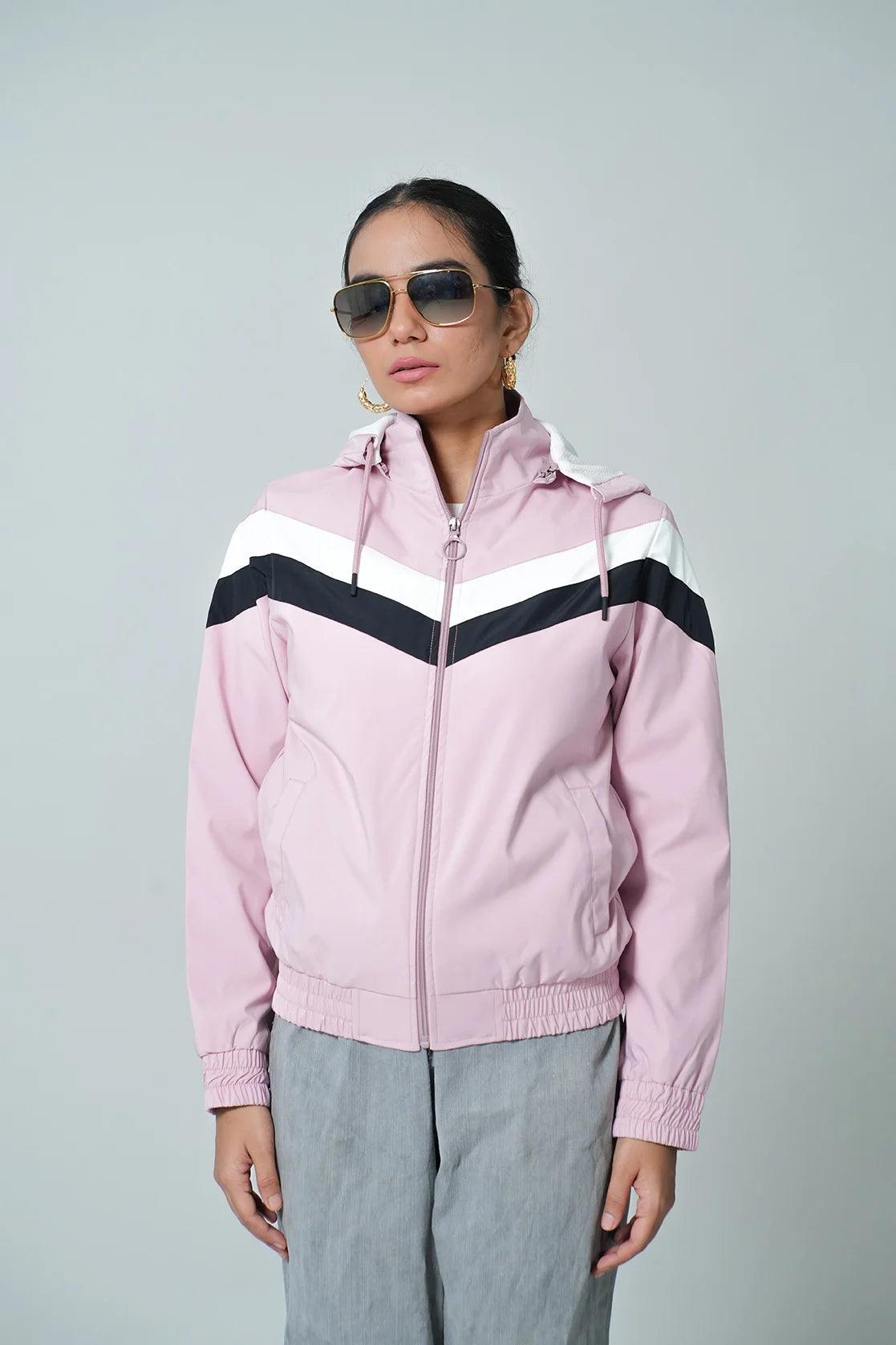 Women's Pink Chevron Windbreaker Jacket with Adjustable Hood