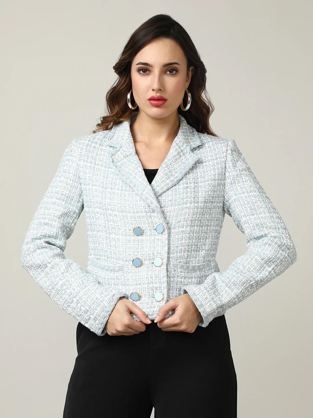 Upgrade your wardrobe with the Women's Sky Blue Tweed Double-Breasted Short Coat by Fort Collins, available for online purchase in India. Stay on-trend with this stylish addition to your collection.