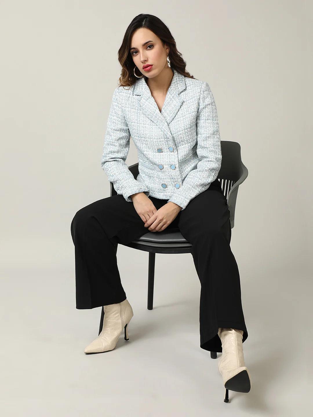 Discover the perfect addition to your wardrobe in the Women's Sky Blue Tweed Double-Breasted Short Coat by Fort Collins. Purchase now online and elevate your style with this trendy coat, available in India.