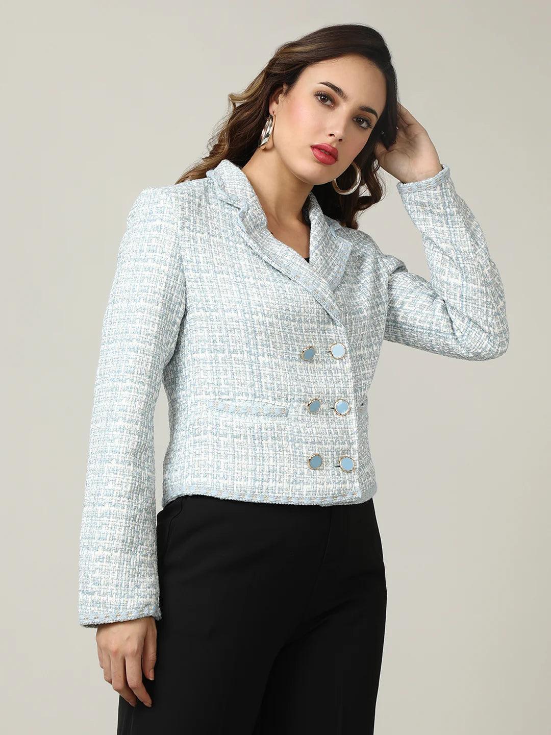 Upgrade your wardrobe with the Women's Sky Blue Tweed Double-Breasted Short Coat from Fort Collins. Shop online from anywhere in India and stay on top of the latest trends.