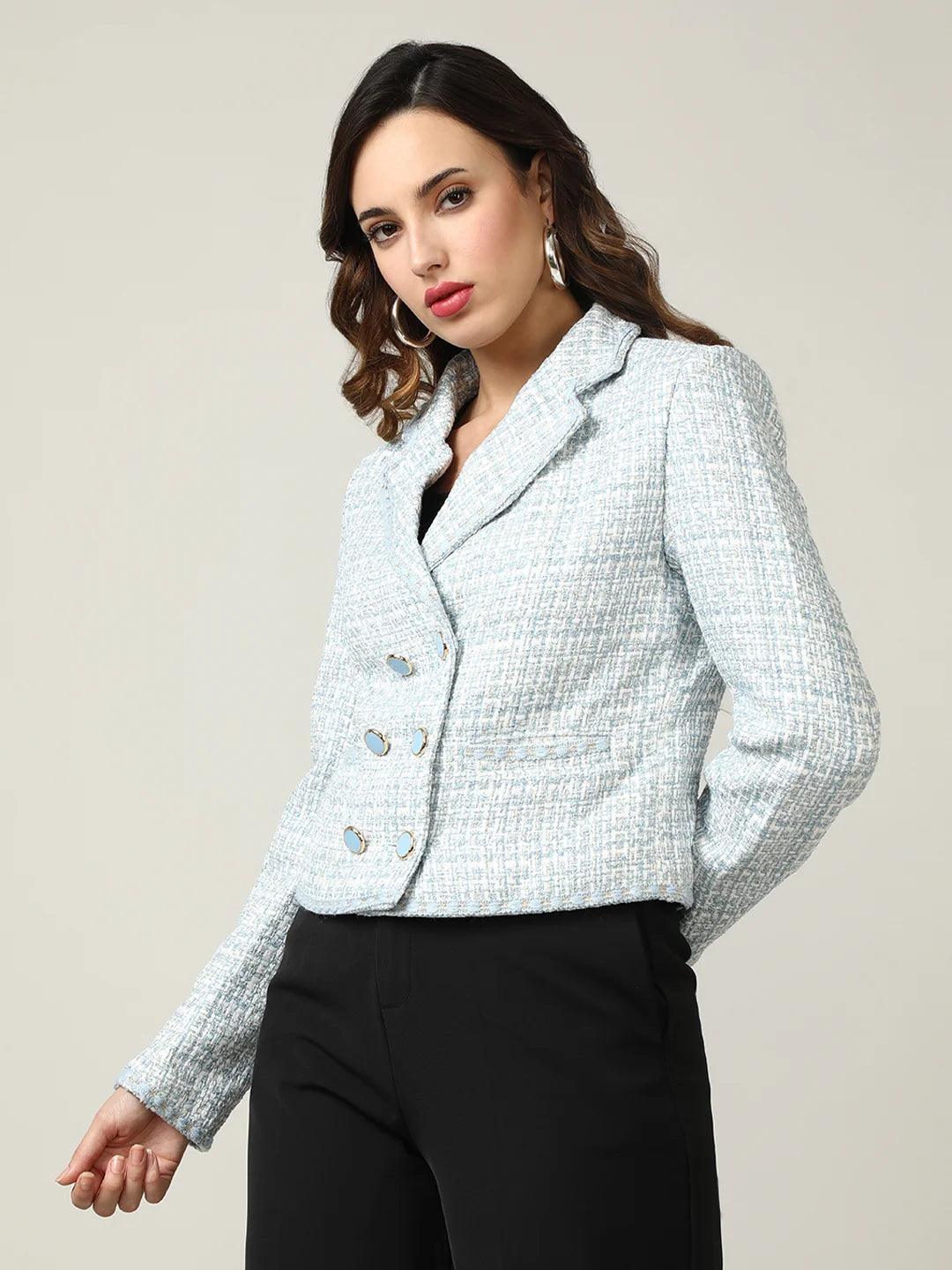 This Women's Sky Blue Tweed Double-Breasted Short Coat from Fort Collins is a stylish addition to any wardrobe. Shop now and discover the latest fashion trends from anywhere in India.