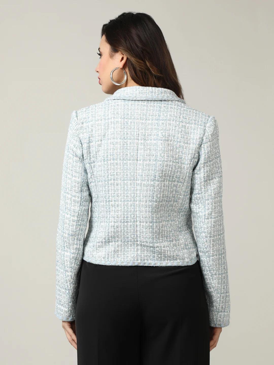 Shop online for Fort Collins' Women's Sky Blue Tweed Double-Breasted Short Coat and elevate your wardrobe with the latest trends. Available for purchase in India.