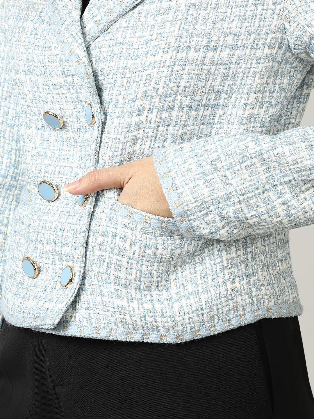 Discover a stylish addition to your wardrobe with the Women's Sky Blue Tweed Double-Breasted Short Coat from Fort Collins. Available for purchase online from anywhere in India.