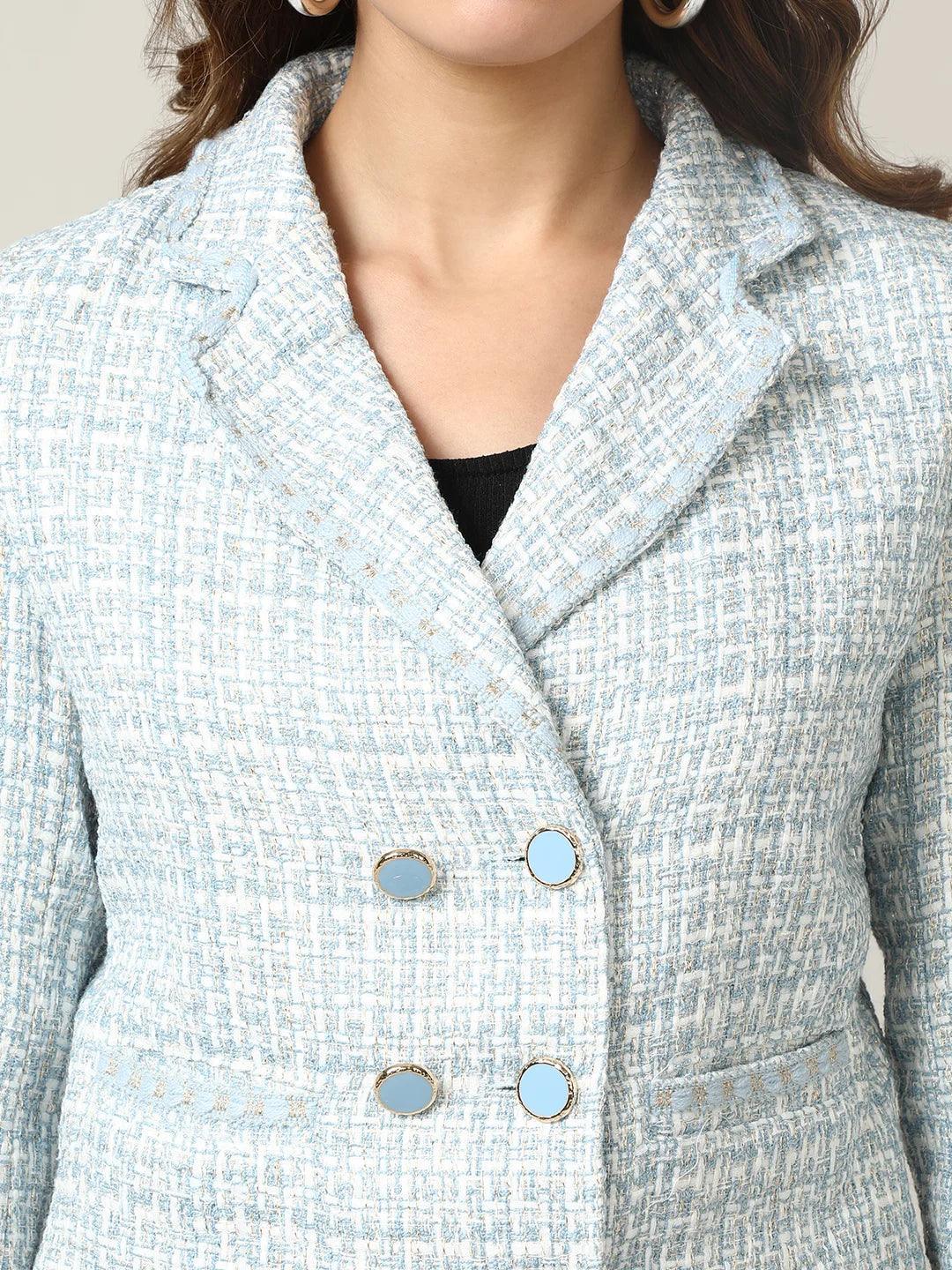 Shop for a stylish wardrobe anywhere in India with the Women's Sky Blue Tweed Double-Breasted Short Coat from Fort Collins.