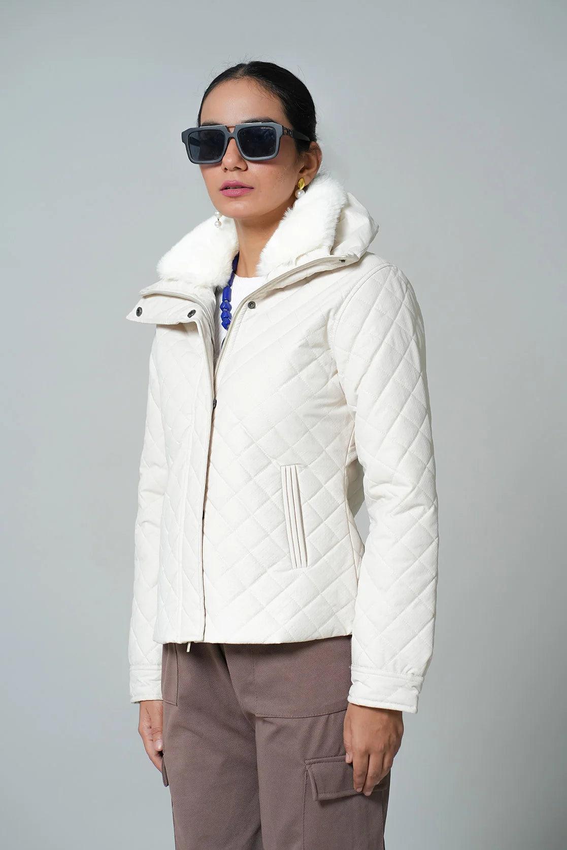 Women s White Quilted Jacket with Fur Lined Mock Collar