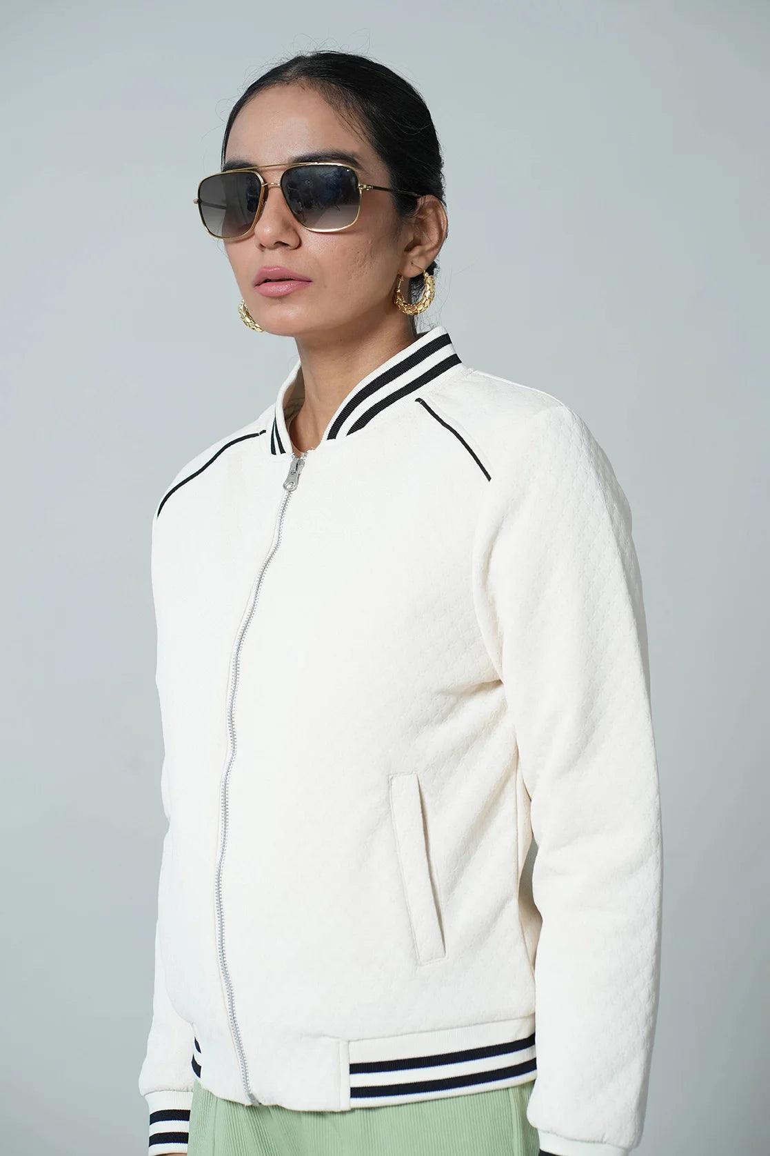 Upgrade your wardrobe with the stylish Women's White Quilted Pattern Varsity Collar Jacket from Fort Collins. Shop online now to add a trendy touch to your fashion game, available for purchase from anywhere in India.