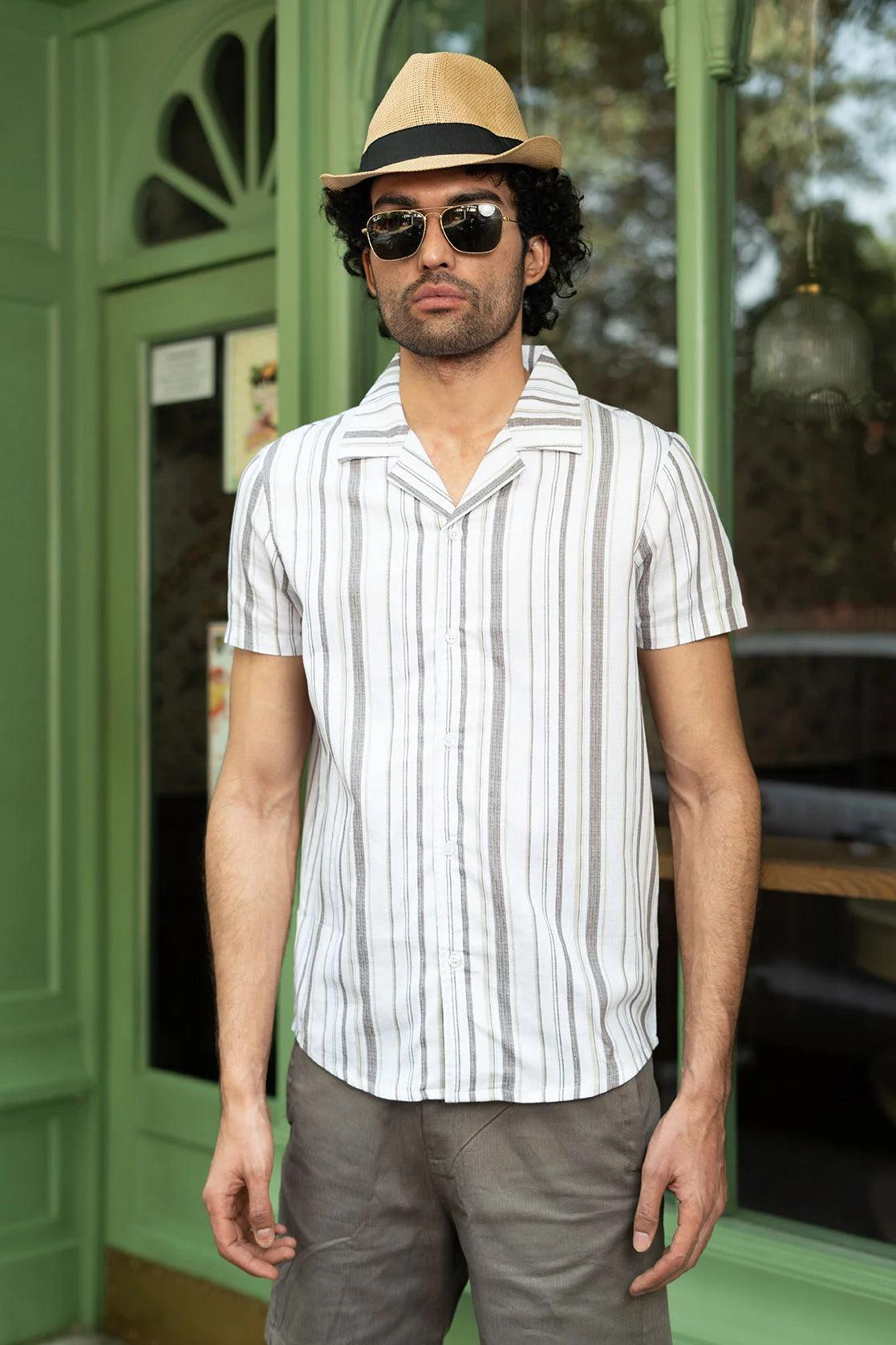 Fort Collin Men's lightweight, short-sleeve button-up shirt in a white fabric with grey vertical stripes 1