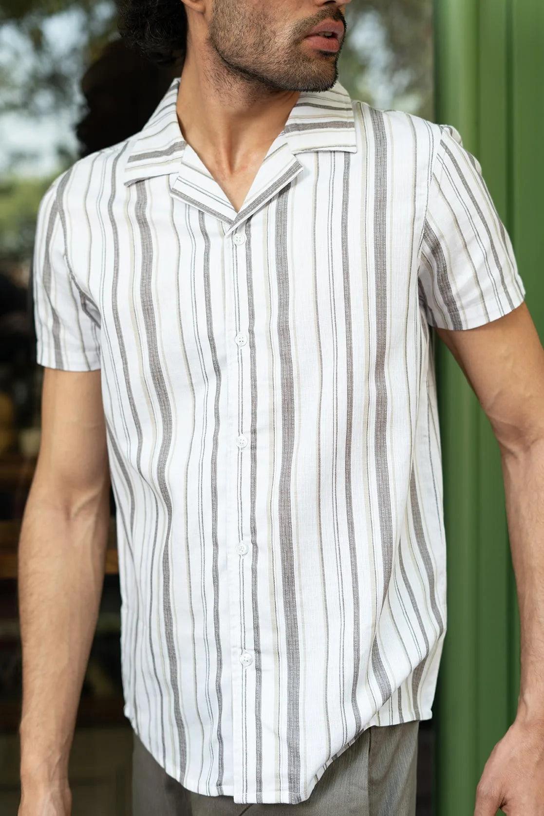 Fort Collin Men's lightweight, short-sleeve button-up shirt in a white fabric with grey vertical stripes 5